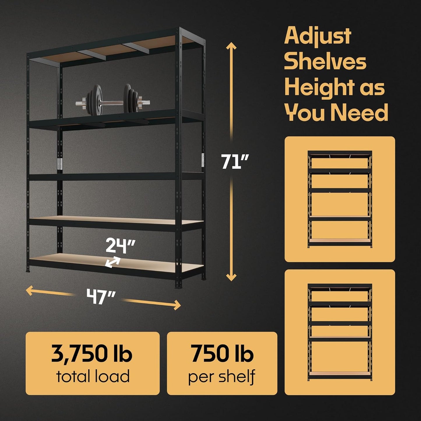 Storage Shelves: 5 Storage Shelves Heavy Duty w/ 3,750 lb Total Load Capacity, 750 per Storage Shelf, 71x47x24 | Perfect Solution for Your Storage Needs, Adjustable Shelving Unit