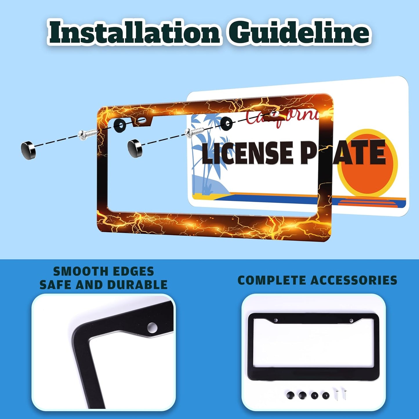 Yellow Red Thunder and Lightning License Plate Frame Fantasy Landscape License Plate Holder for Front and Rear Car Tags Stainless Steel Car Funny Decoration with Screws 6.3 X 12.2 Inch for Men Women