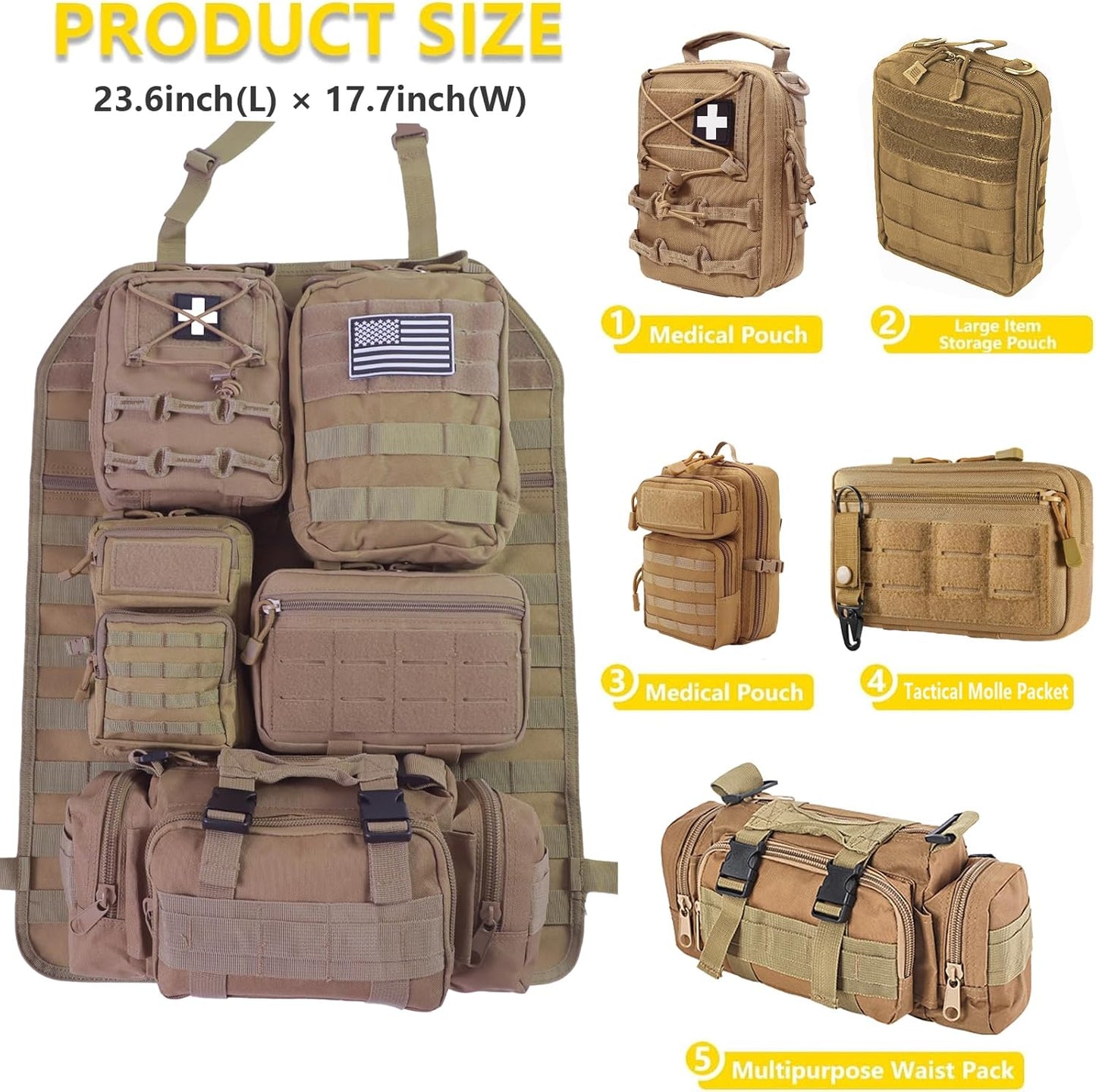 Universal Tactical Seat Back Organizer Vehicle Molle Panel Organizer Storage Bag with 5 Detachable Molle Pouch for All Vehicel Such as Jeep,Truck,SUV, Car, Ford,Chevy etc