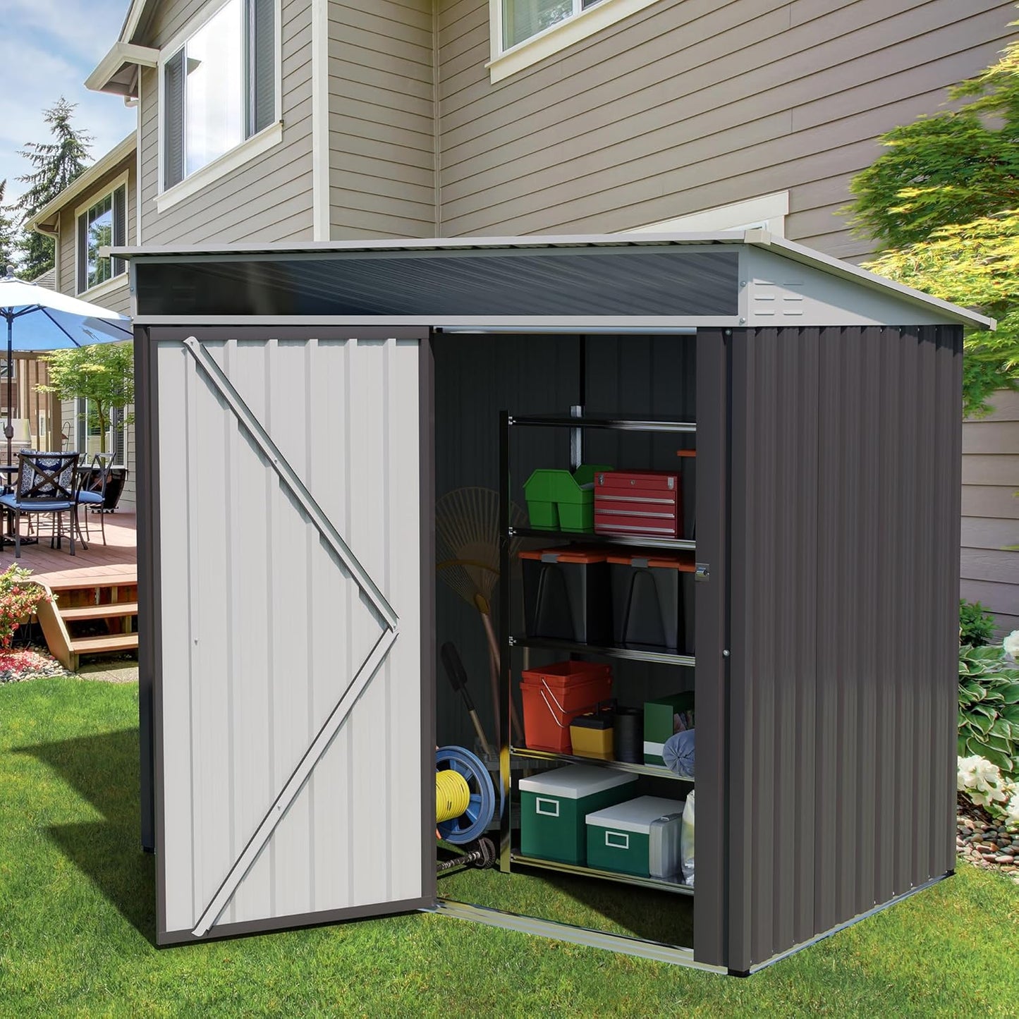 Vongrasig Outdoor Storage Shed, 6 x 4 FT Outside Metal Garden Shed with Window and Lockable Door, Waterproof Tool Shed for Backyard Patio, Lawn and Garden (Dark Gray)