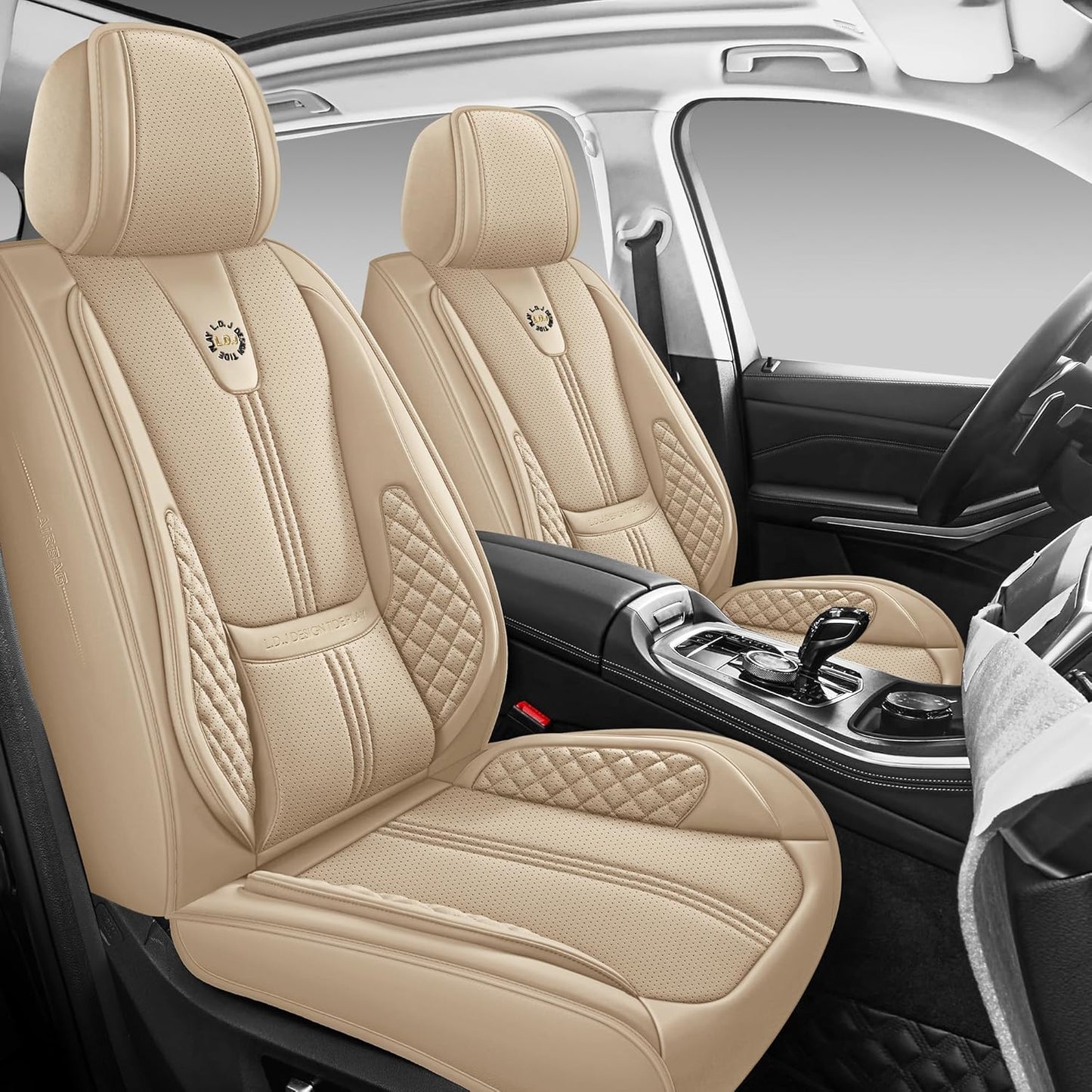 Car Seat Covers Full Set, Black Seat Cover for Cars Compatible Airbag, Easy Install Luxury Leather Automotive Seat Covers with Lumbar Support, for Car, Truck, SUV, Beige