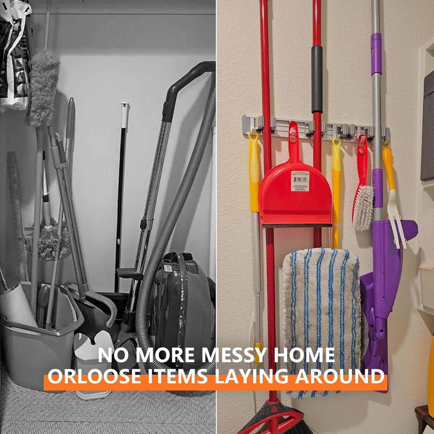 Broom Holder Wall Mount Mop and Broom Hanger Wall Mounted Garage Storage Rack Kitchen Garden Tool Organizer (5 Racks with 4 Hooks, Silver)