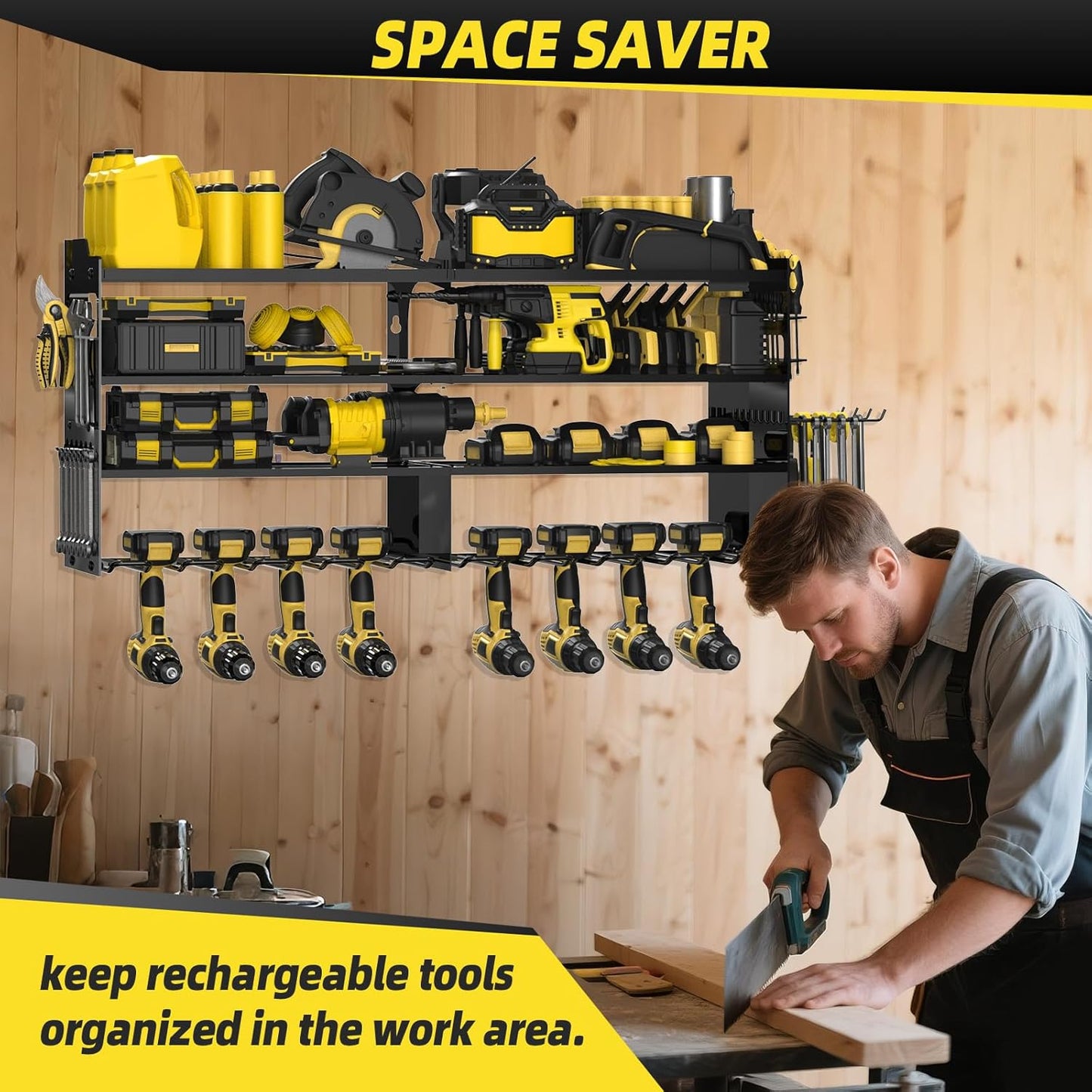 Power Tool Organizer Wall Mount with 8-Drill Holders-600Lbs Load Heavy Duty Metal 4-Layers Garage Storage & Organization Battery Tools Rack with Side Panels Utility Racks Workshop Gifts for Men