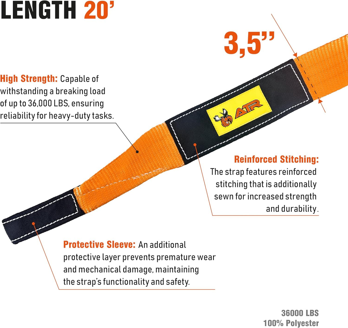 ATR Recovery Tow Strap 3.5" x 20ft – 36,000 lbs Break Strength, Heavy Duty Snatch Strap for Truck, SUV, UTV, Off-Road Pulling, Tow Rope with Storage Bag