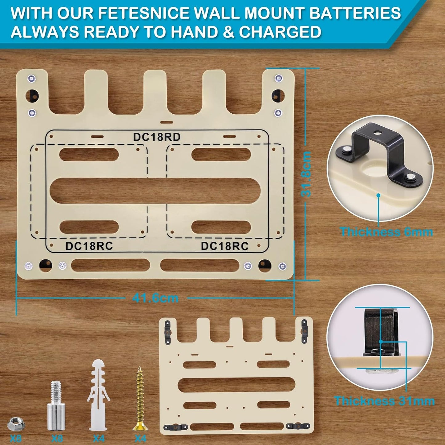 FETESNICE Wall Mount for Makita Battery Holder and DC18RD DC18RC Charger,6mm Thick Holder for Makita Wall Mount Charger,Perfect Organizer for Your Makita 14.4V/18V Tools and Accessories