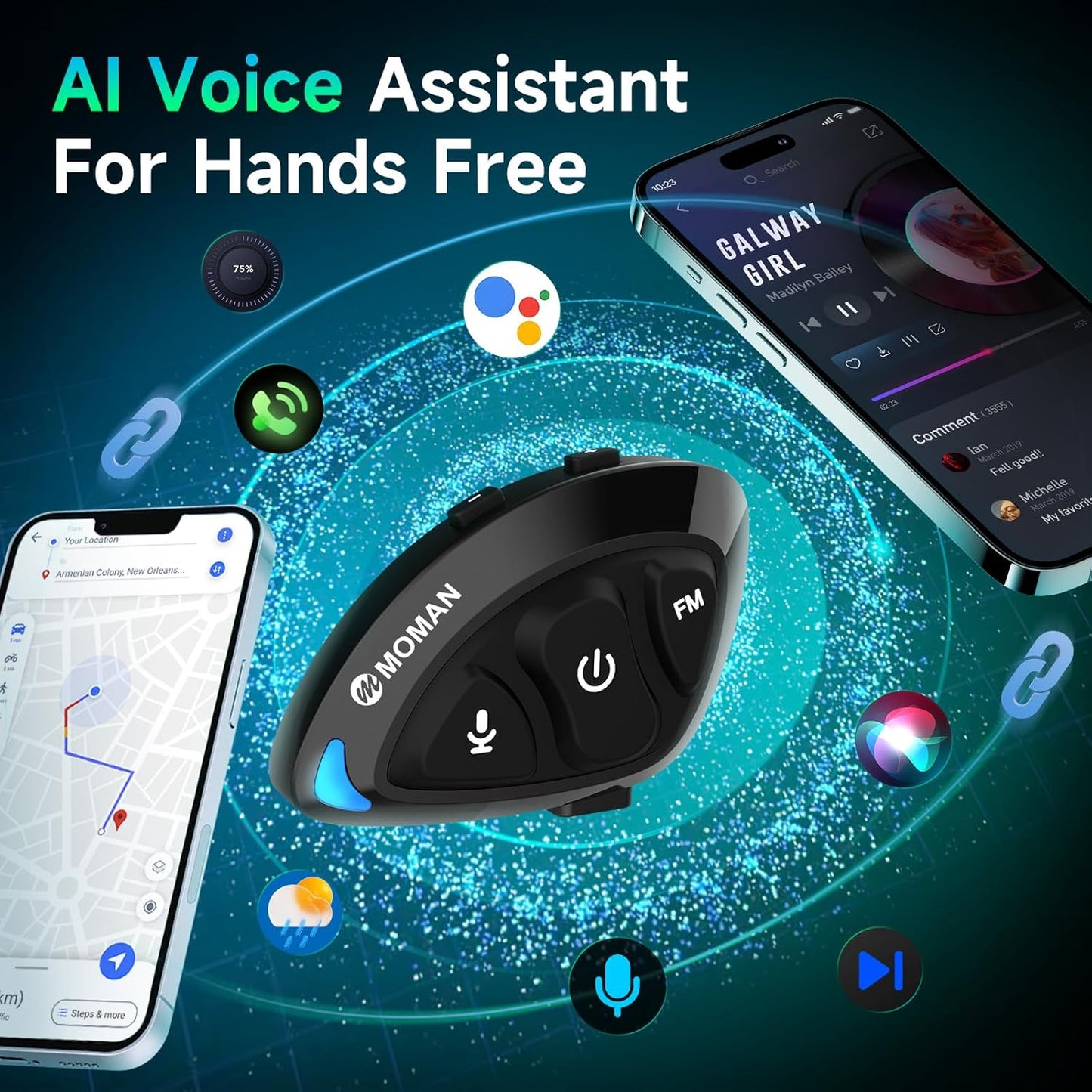 Moman Motorcycle Helmet Headset, RS-S Motorbike Helmet Speaker and Mic with HiFi Stereo/FM Radio/AI Voice/Hands-Free Call/IPX6 Waterproof/Noise Cancellation Earphone Headphone for Single Person Use