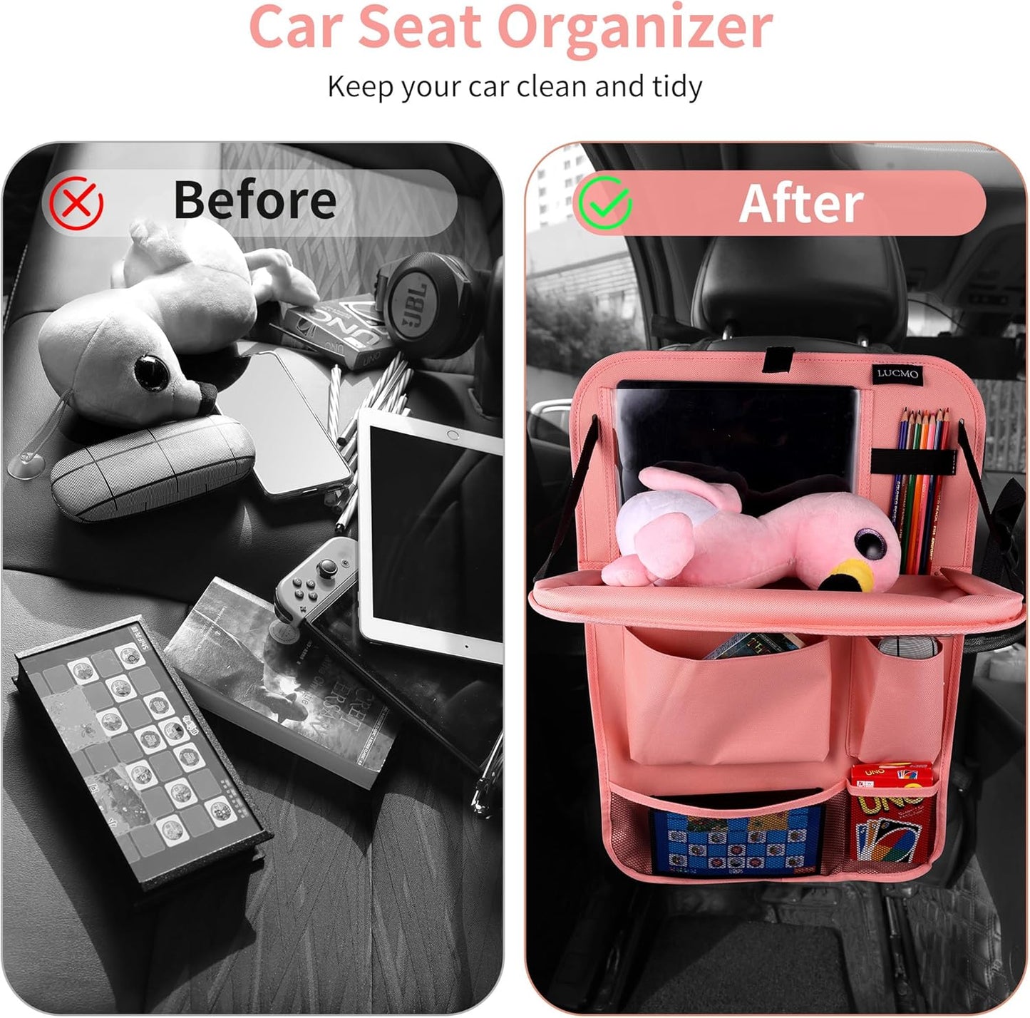 LUCMO Car Backseat Organizer with Tablet Holder,6 Storage Pockets Car Storage Organizer with Foldable Food Tray,Seat Protectors Kick Mats Travel Accessories-Pink