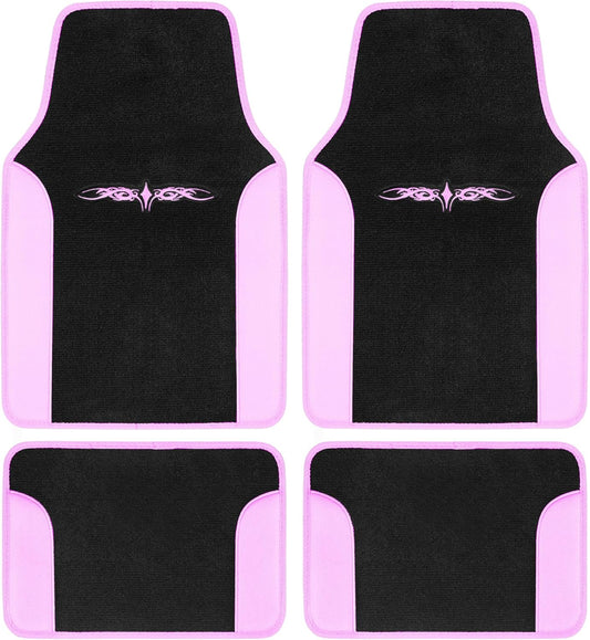 BDK carXS Fresh Two-Tone Carpet Floor Mats, Tribal Tattoo Design with Vinyl Trim for Car Sedan Truck SUV, Front & Rear Set of 4, Pink