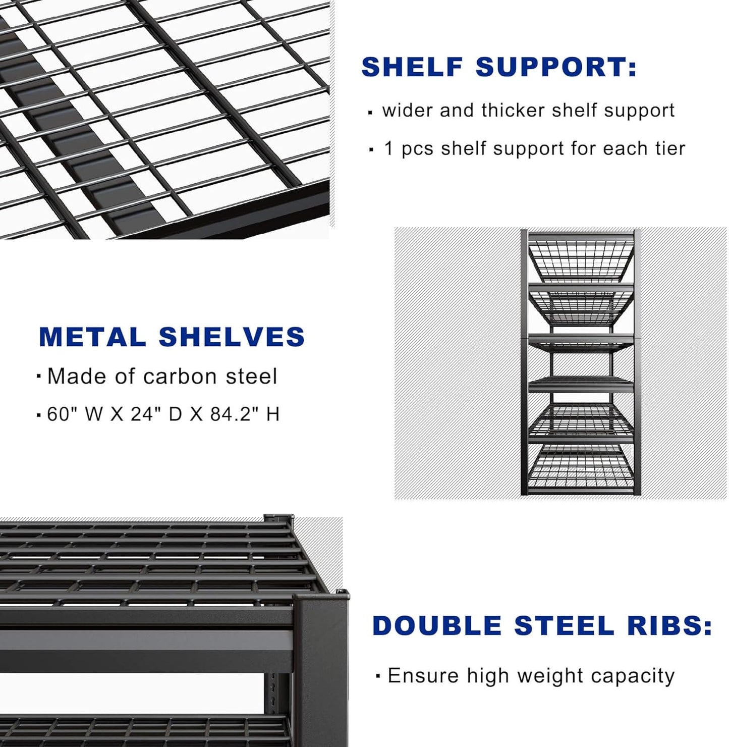 60" Wide Heavy Duty Garage Shelving Adjustable 6 Tier Garage Storage Shelves 3900LBS Metal Shelving Unit Industrial Utility Shelf, 84" H x 60" W x 24" D, 2 Pack