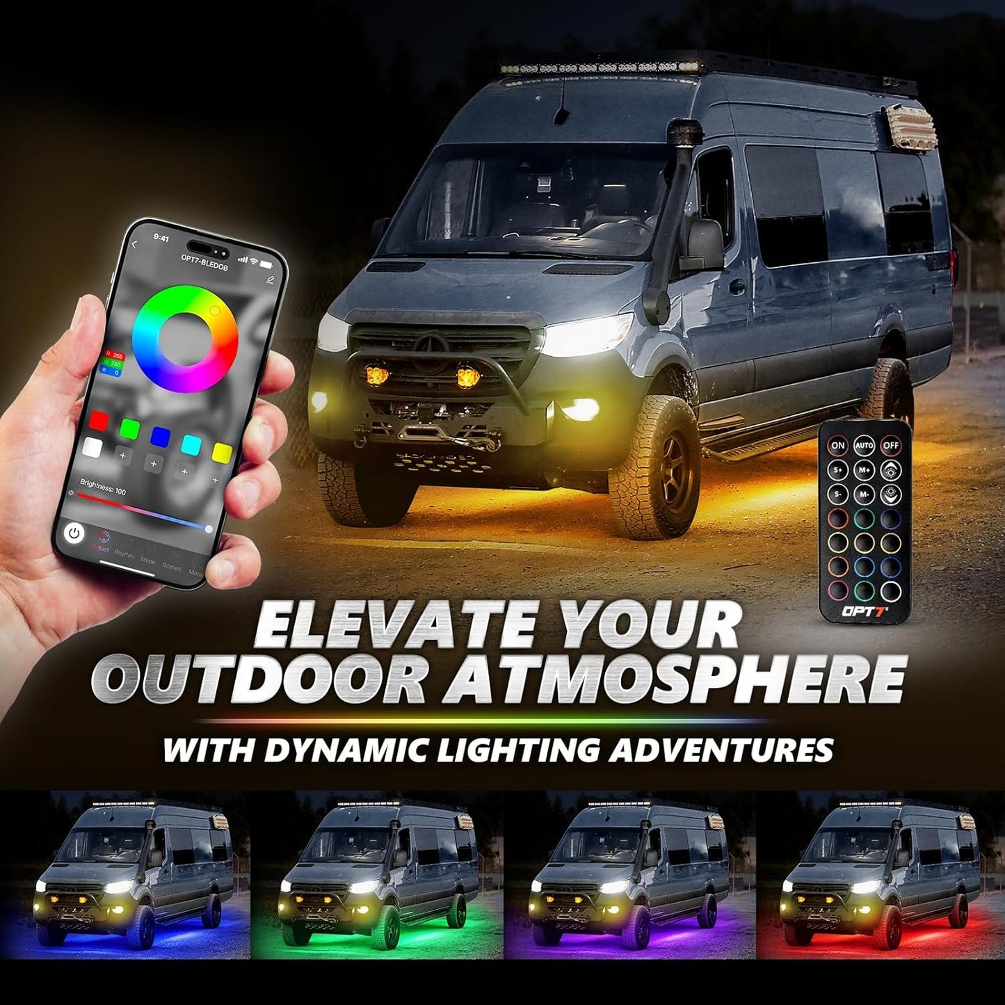 OPT7 Aura Pro Underglow Lights for Class B & B+ RV Motorhomes with APP & Remote Control, RGB Multicolor Modes, Music Sync, 6 PCS Waterproof Rigid Aluminum Light Bar, Outdoor Neon Accent LED Strip Kit