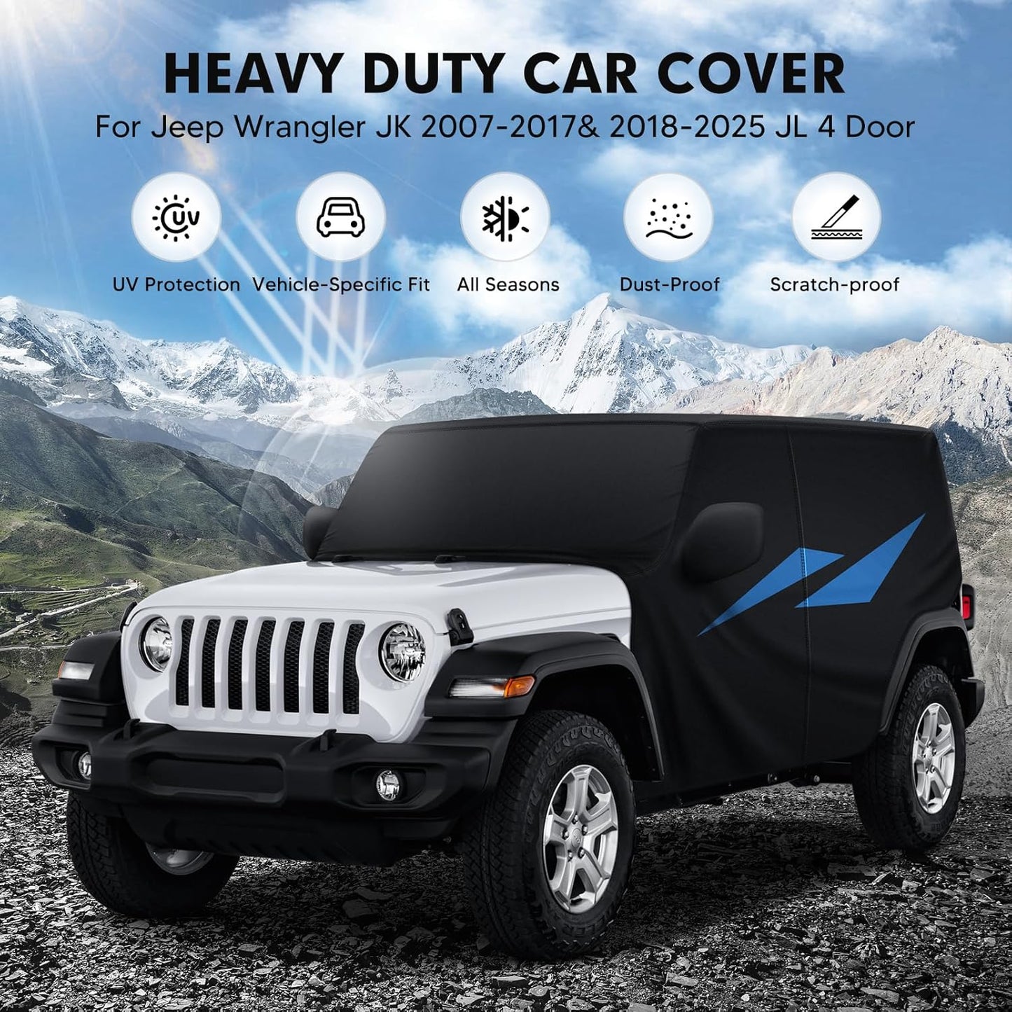 Car Cover for Jeep Wrangler JK JL 4 Door 2007-2025 Waterproof All Weather Car Covers with Door Zipper for Wrangler UV Protection Black