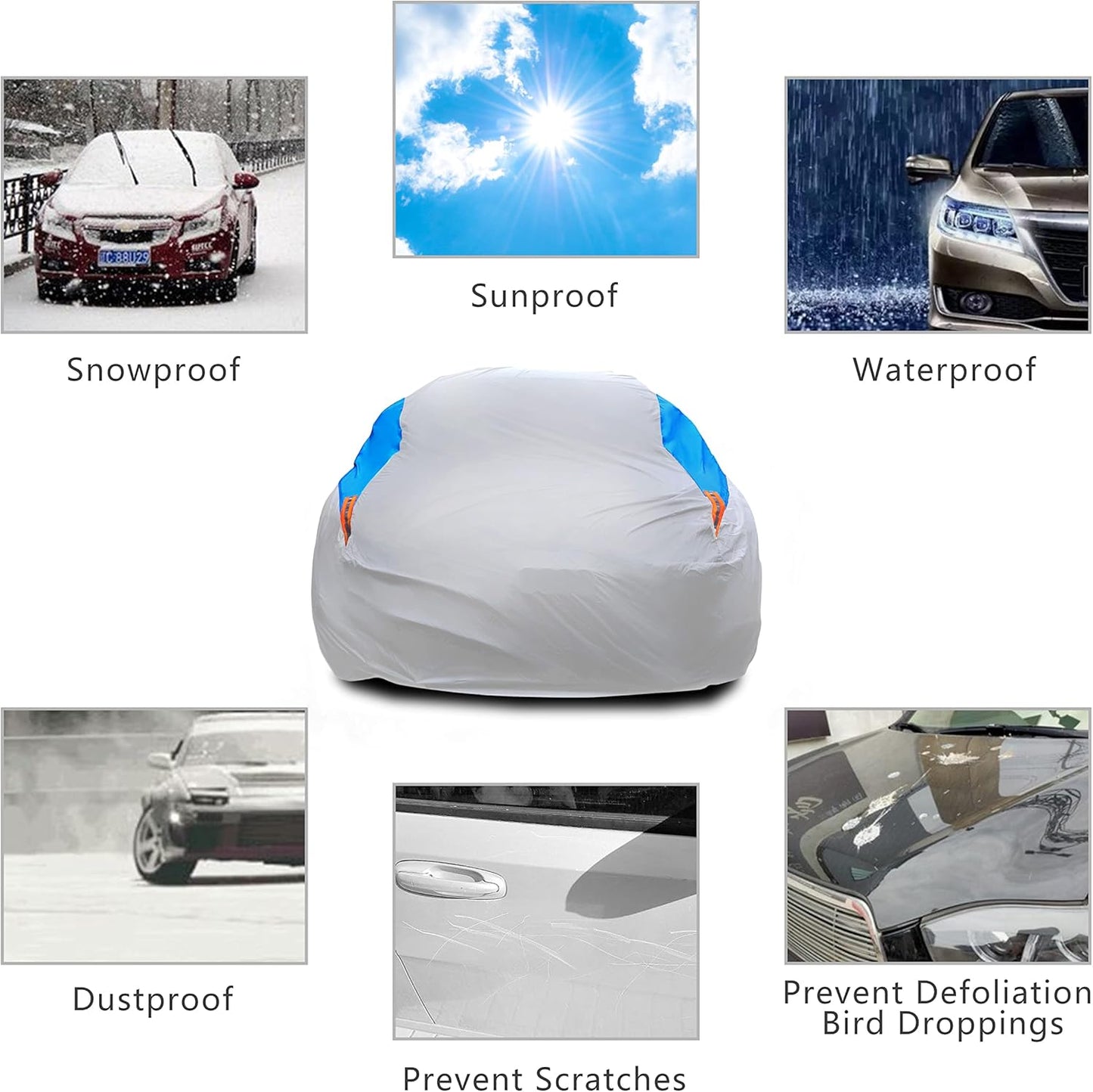 MORNYRAY Waterproof Car Cover All Weather Snowproof UV Protection Windproof Outdoor Full car Cover, Universal Fit for Sedan (Silvery, A4-Fit Sedan Length(186-193 inch)