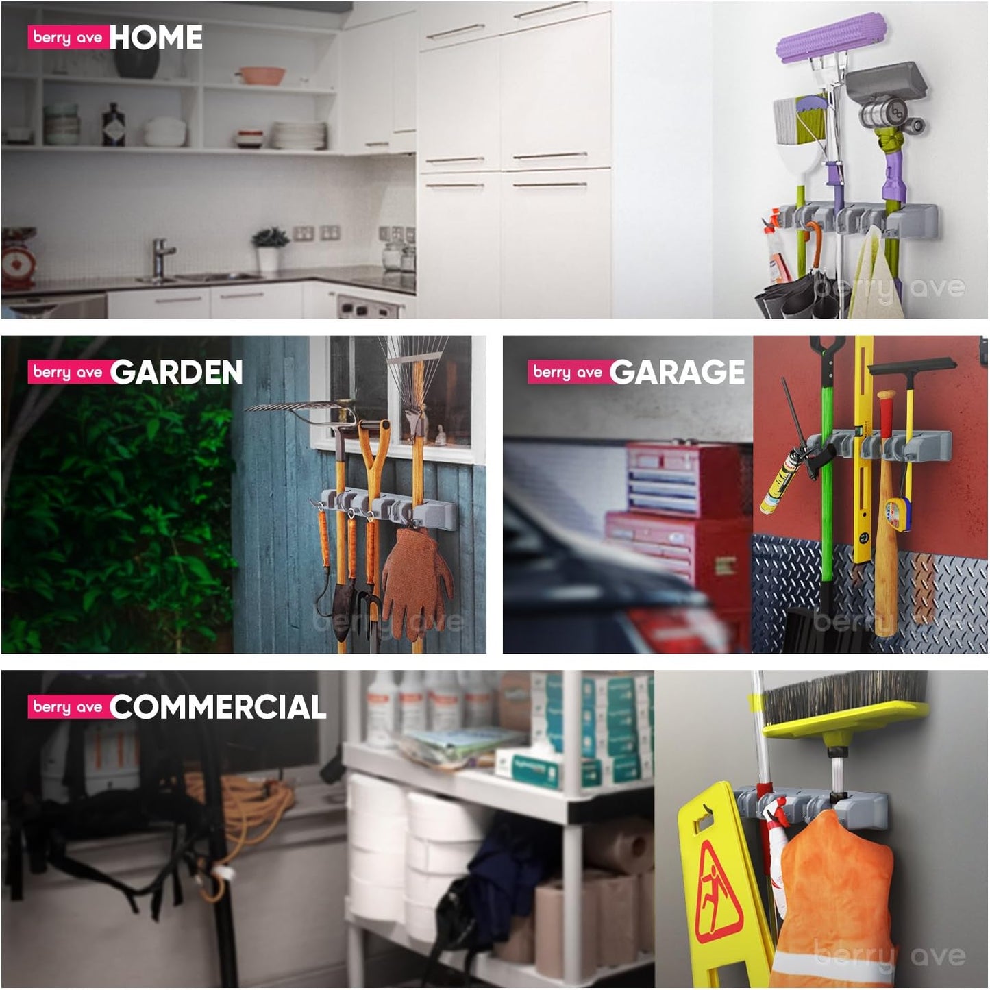 Berry Ave Broom Holder Wall Mount and Garden Tool Organizer, Closet Storage, Kitchen Rack, Home Organization and Garage Organizer for Rake or Mop Handles Up to 1.25-Inches, Hanger Plus 6 Hooks (Grey)