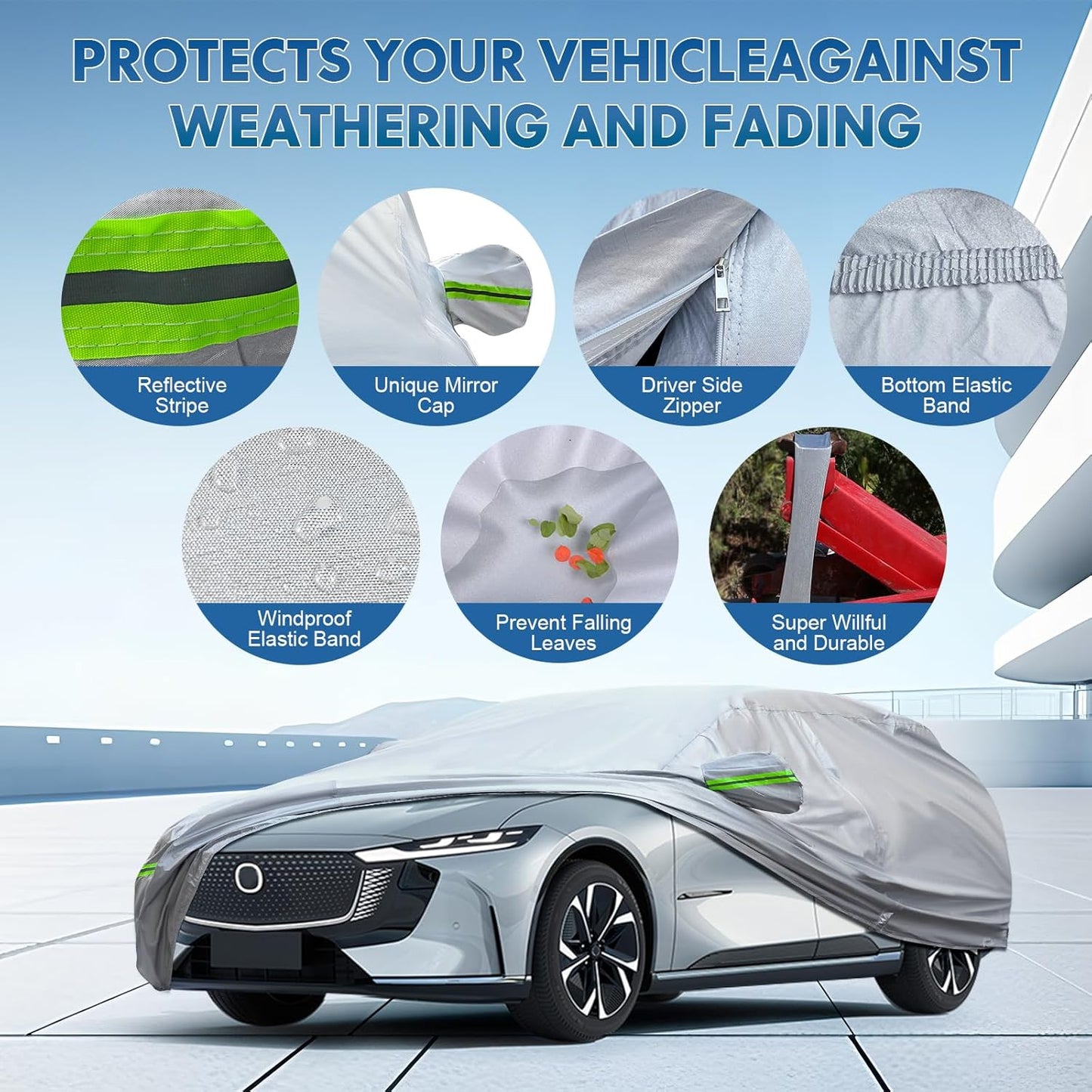 KEYOOG 6-Layer Full Car Cover is All-Weather Waterproof, All Seasons, Snow Prevention Rainproof, Acid Rainproof, Sunscreen, Ultraviolet-Proof, Fits Hatchbacks up to 173 ", Green Reflective Strip