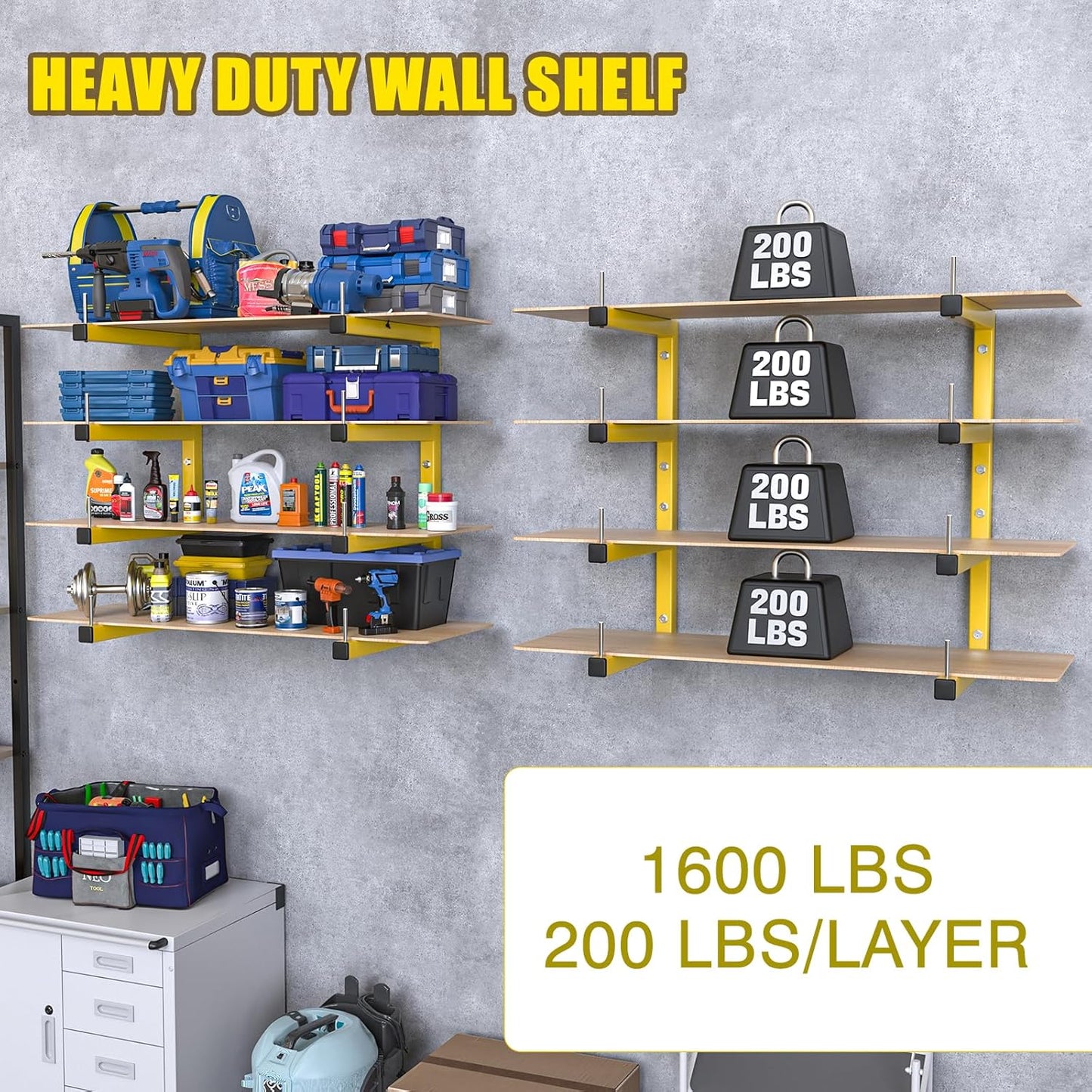 4-Pack Lumber Storage Rack, Wood Storage Racks Wall Mount, Heavy Duty Garage Wood Organizer with 8-Level System, Yellow Utility Rack Organization Up 1600 Lbs, Metal Lumber Shelf for Indoor & Outdoor