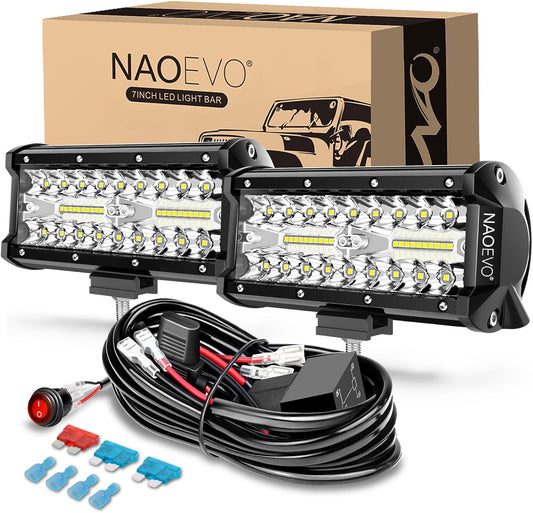 NAOEVO 7 Inch LED Light Bar, 240W 24,000LM Offroad Fog/Driving Lights LED Pods with 2 Leads Wiring Harness Kit, Spot Flood Combo Beam, Work for Truck Boat UTV ATV, 2-Pack (White)