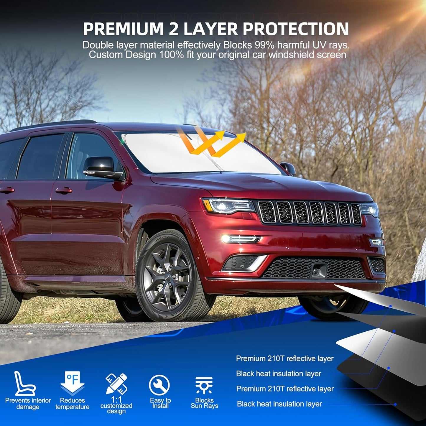Windshield Sun Shade for Jeep Grand Cherokee 2011-2021 Foldable Sunshade Custom Fit Front Window Car Interior Accessories Protector Blocks UV Rays