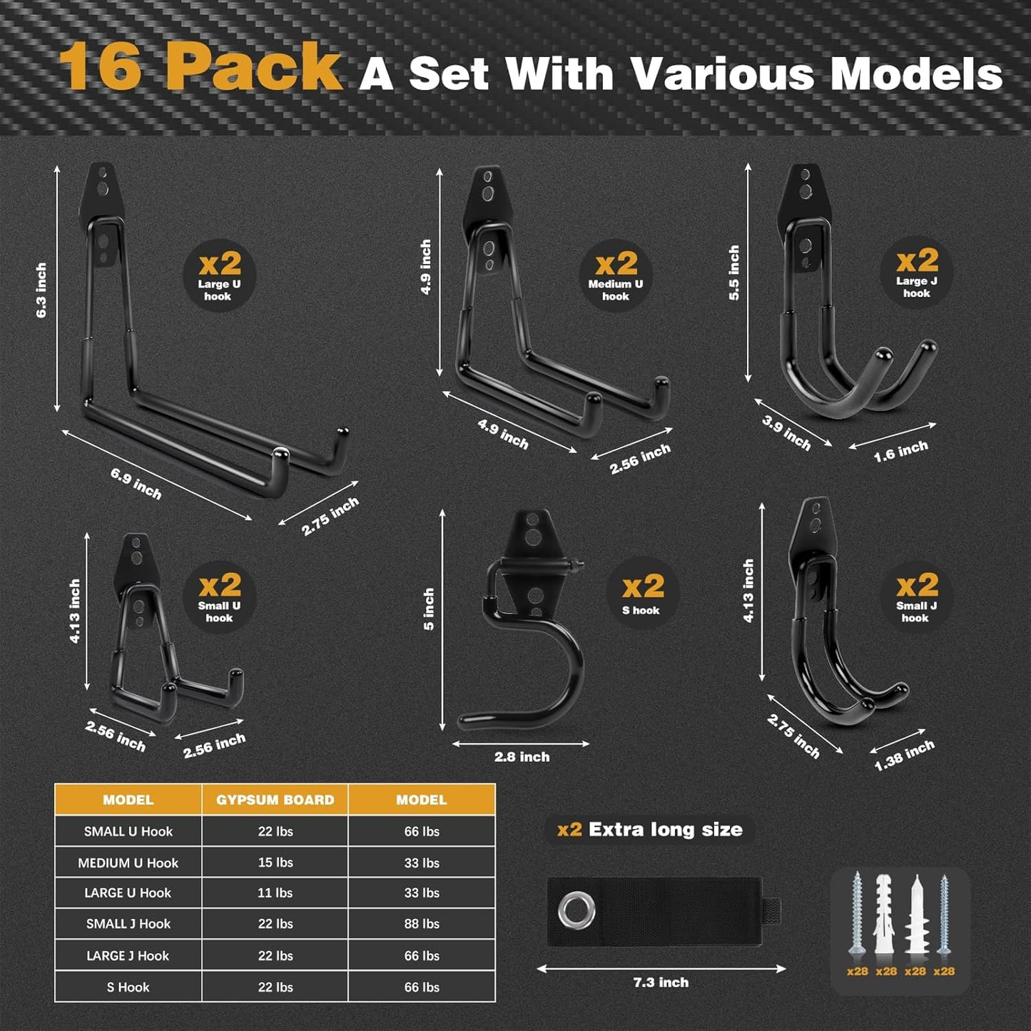 Steel Garage Storage Hooks, 16-Pack, Heavy Duty Wall Mount Hooks for Bike, Ladder, Garden Tools, Anti-Slip Coating