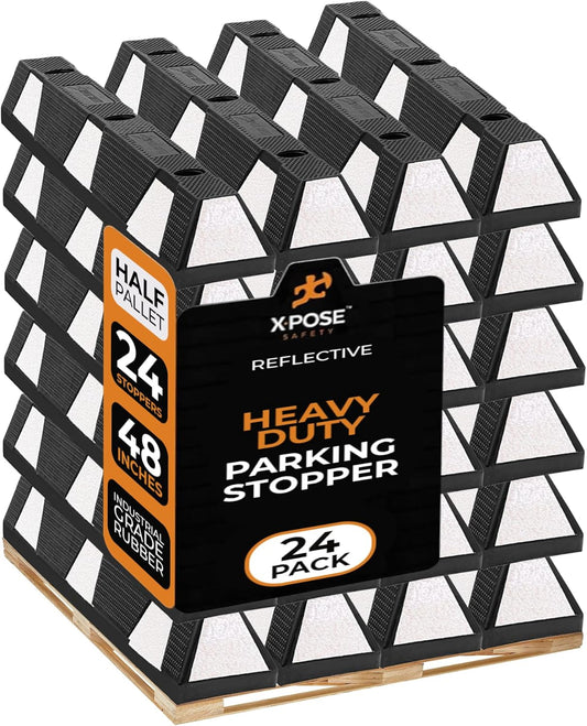 Xpose Safety 48" Heavy Duty Rubber Parking Stopper – Bulk Half Pallet 24 Pack Wheel Blocks for Garage, Driveway, or Ramp – Car Bumper Stop with White Reflective Strips – Removable Floor Mount