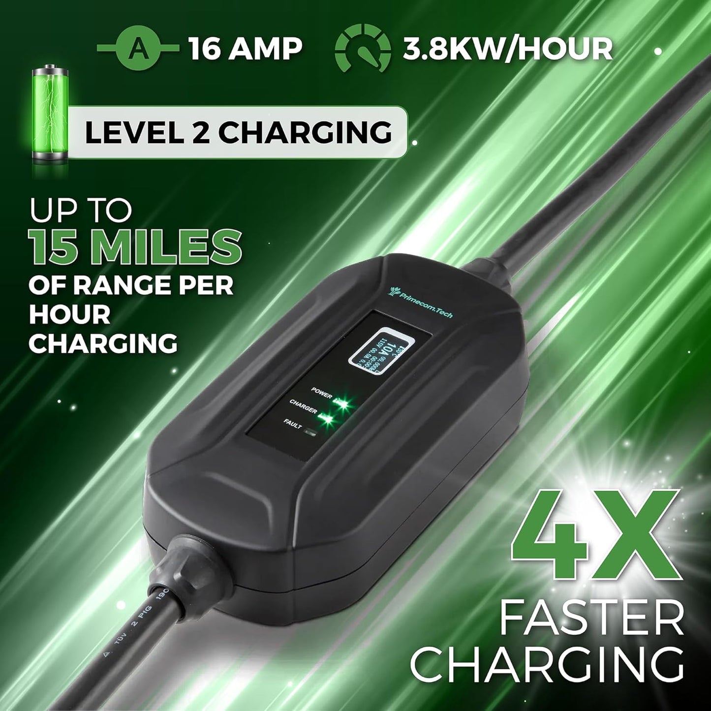 PRIMECOM Level 2 EV Charger 220/240V, 16A, 30ft & 50ft, Portable EVSE Electric Vehicle Charging Cable Compatible with Bolt Volt Leaf BMW i3 Fiat 500e Clarity NIRO Prius (14-50P, 30 Feet)