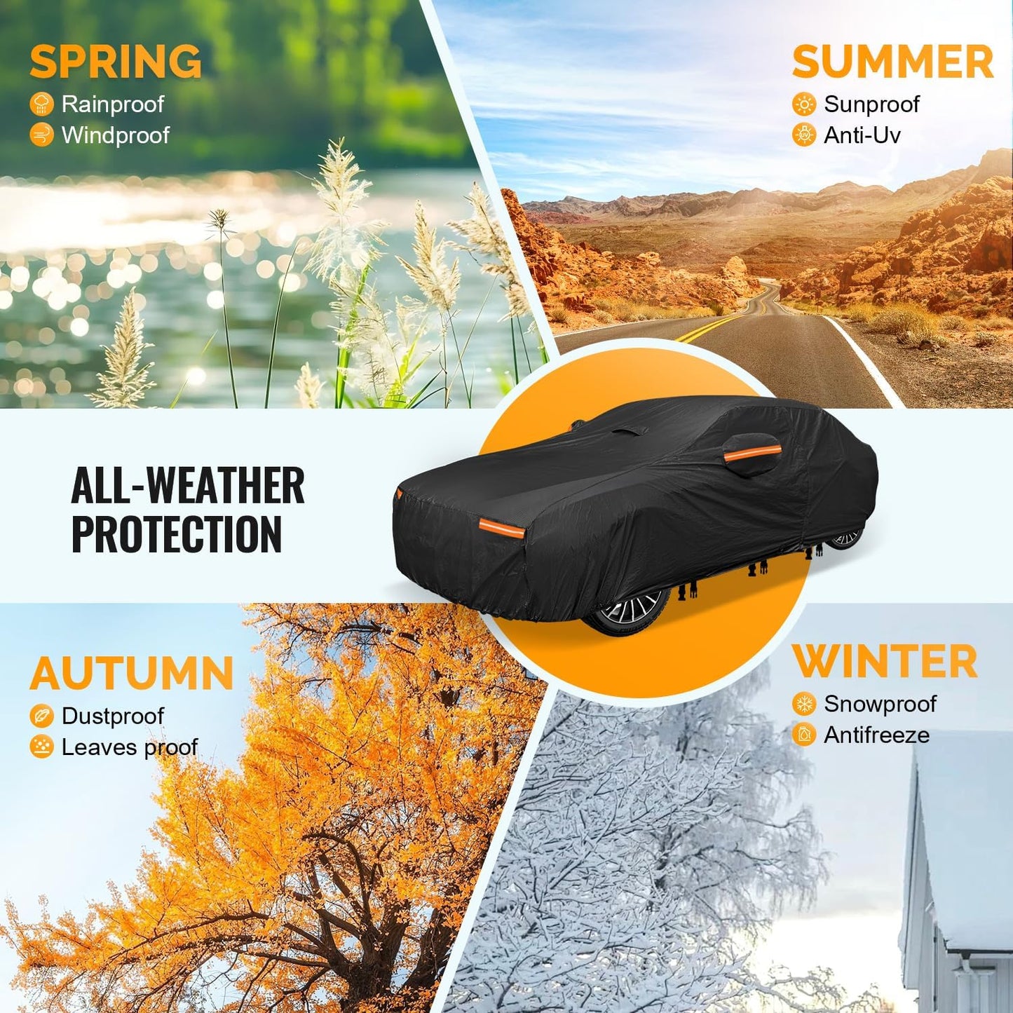 30 Layers Car Cover for Automobiles All Weather Waterproof, Outdoor Snowproof UV Protection Windproof, Door Zipper, Soft Cotton, Heavy Duty Universal Car Covers, (Black, Fit Sedans 191"-200")