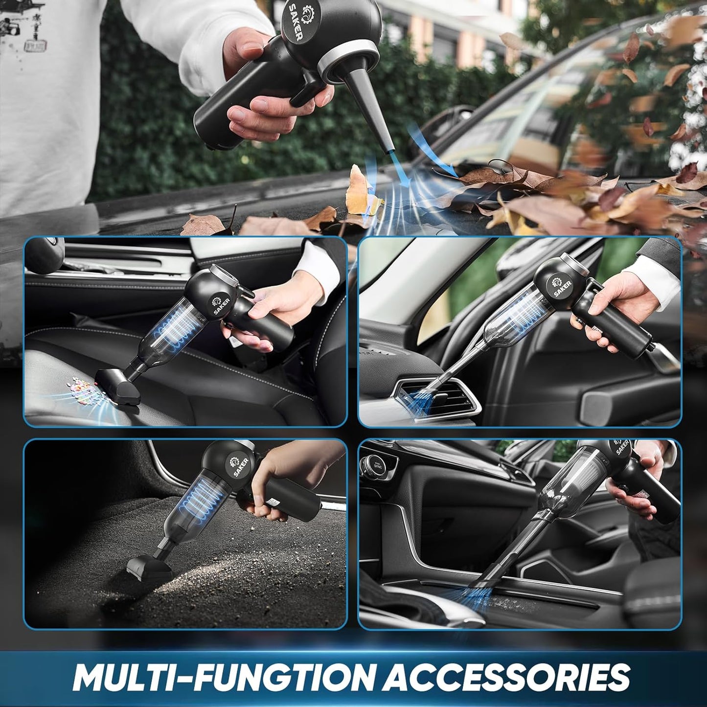 Saker Portable Car Vacuum Cordless 20000Pa 6 in 1 Multifunctional Adjustable Small Handheld Vacuum 7800mAH with Brushless Motor, for Car Home and Office SW-102