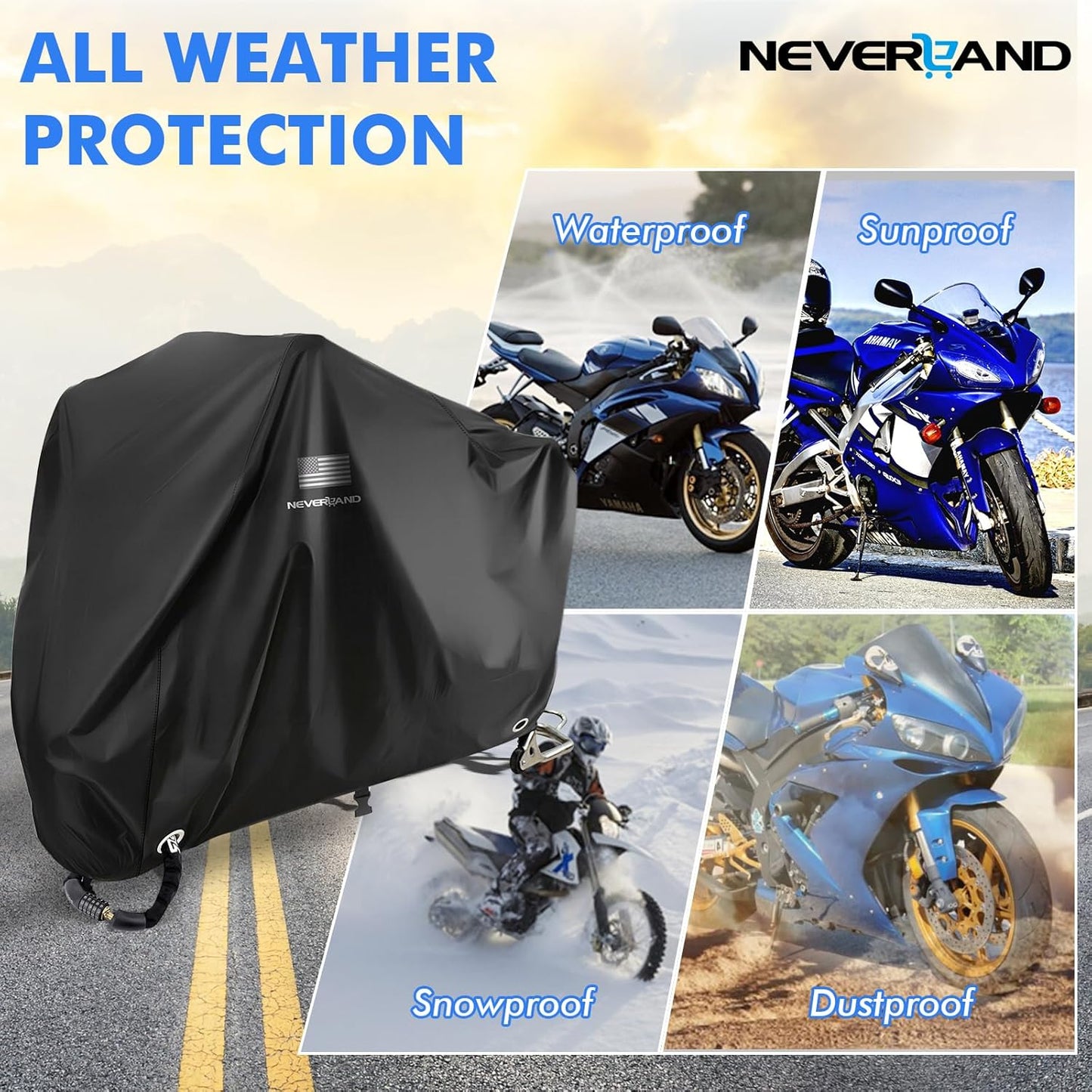 NEVERLAND Motorcycle Cover Waterproof Outdoor - Black Heavy Duty Scooter Cover, Motorbike Cover with Refletive Logo, Lock-Hole, Bandage, Storage Bag-Protect Against Dust, Debris, Rain and Weather(L)