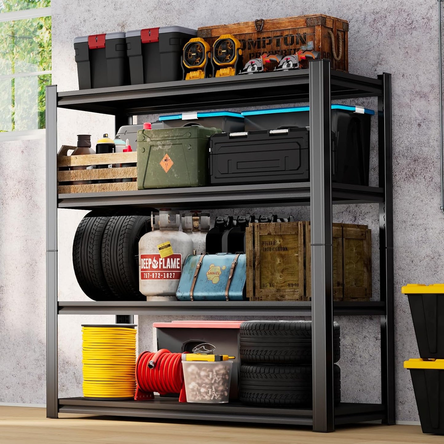 55''H Garage Shelving 2400LBS Heavy Duty Shelving Units, Garage Storage Shelves Adjustable 4 Tier Metal Industrial Shelf for Kitchen, Utility Room and Basement, Black (13.78''Dx35.43''Wx54.33''H)