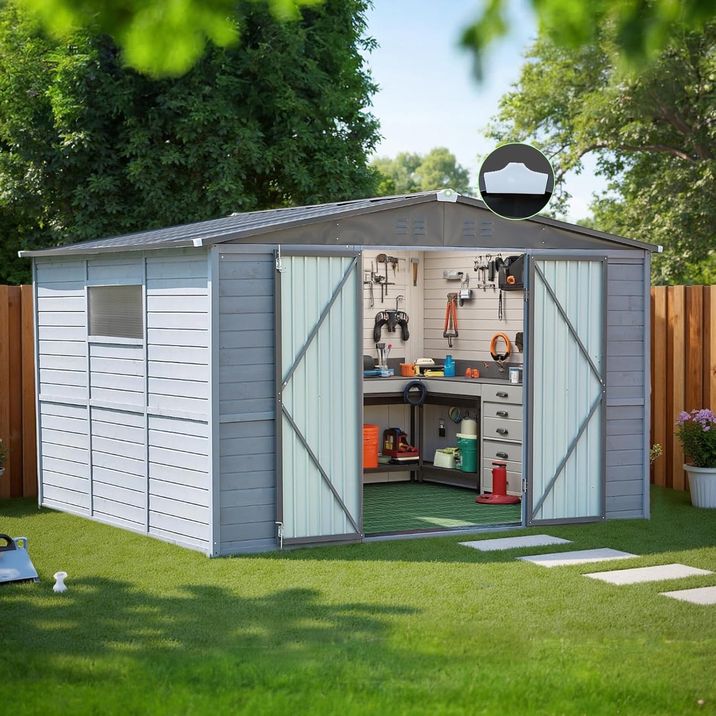 MyVoice 8x8 FT Wooden Outdoor Storage Shed with 4 Vents & 2 Adjustable Windows, DIY Cedar Tool Shed Kit, Garden Bike Firewood Storage, Waterproof Backyard Outdoor Shed for Patio, Lawn, Yard & Garage