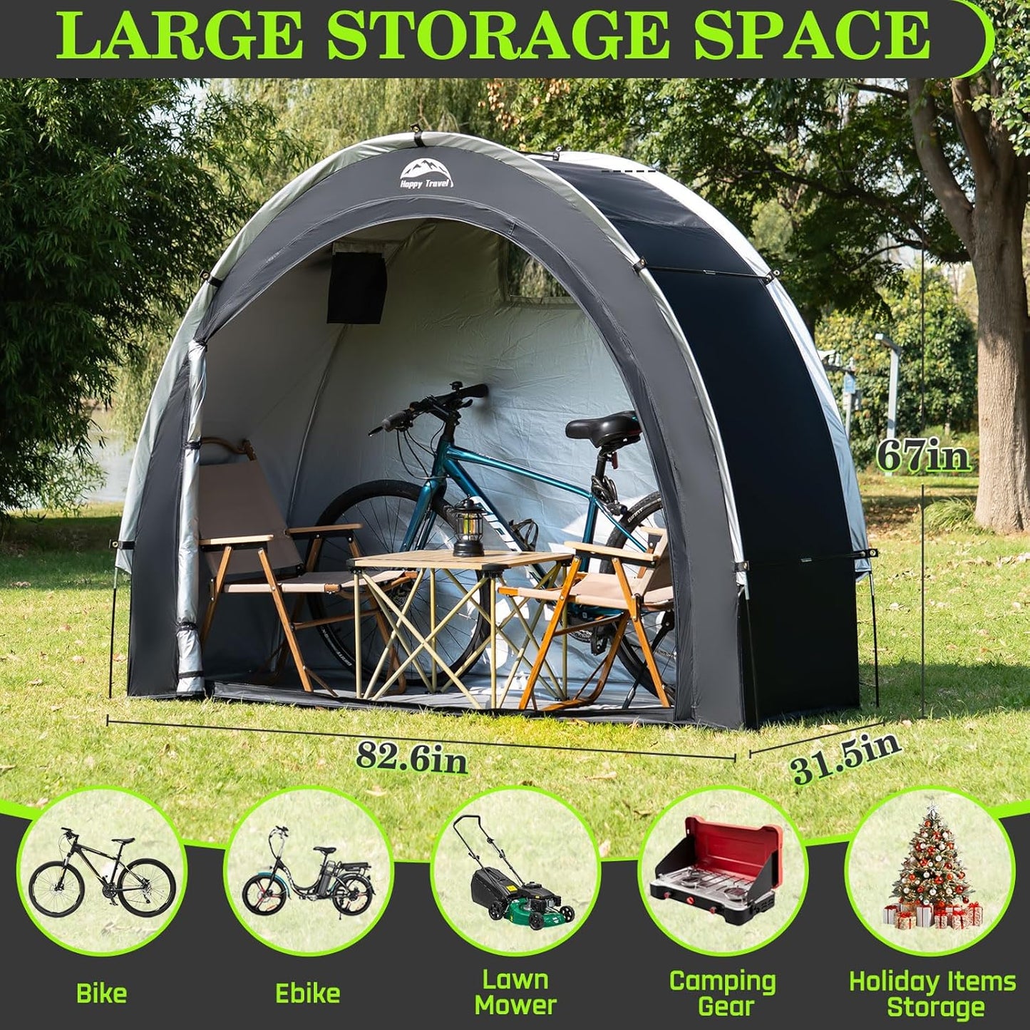 Happy Travel Bike Storage Tent Shed, Outdoor Waterproof Bicycle Covers Shelter with Window for 2/3/4/6 Bikes,Oversized Outside Portable Sheds for Lawn Mower,Garden Tools