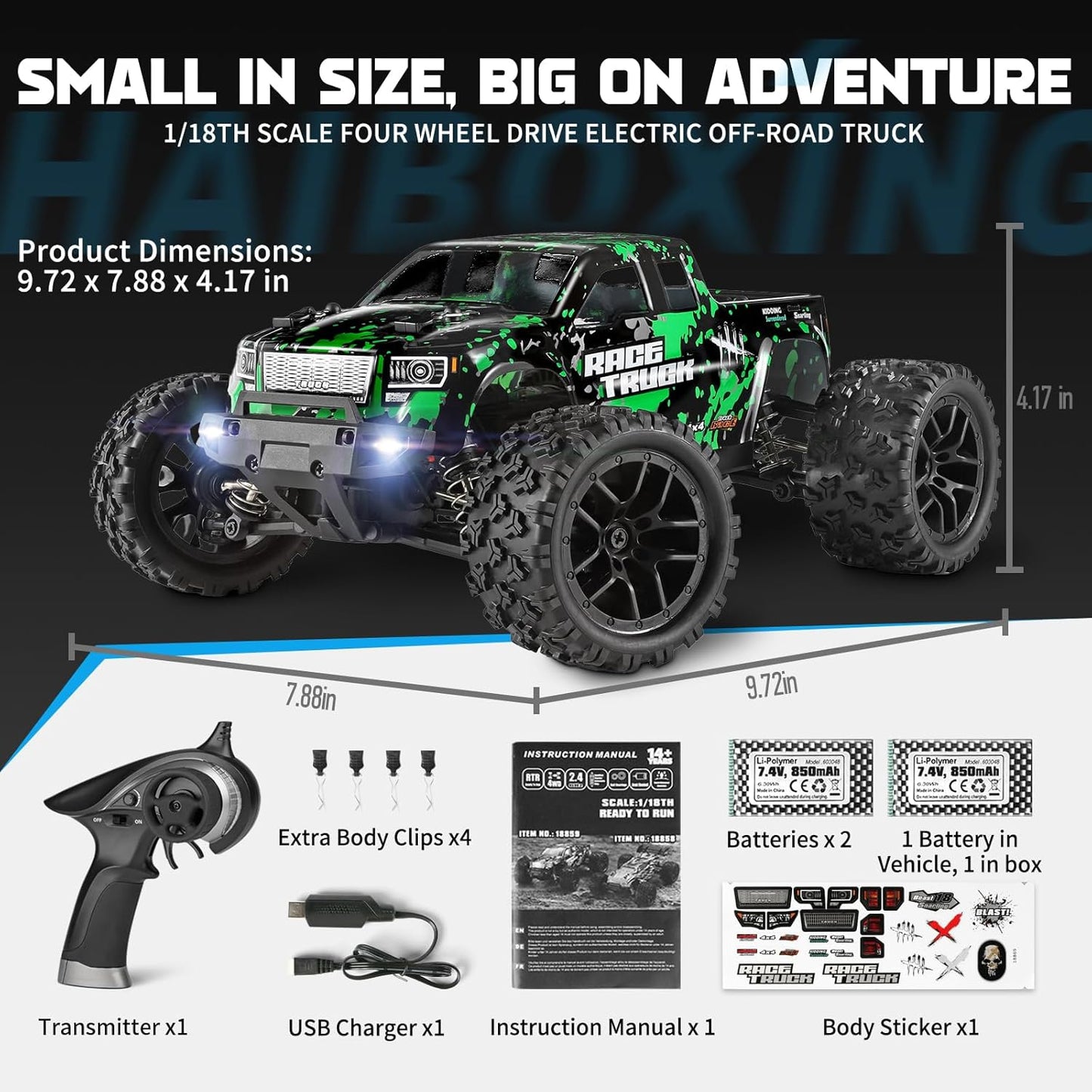 HAIBOXING 1:18 Scale All Terrain RC Car 18859, 36 KPH High Speed 4WD Electric Vehicle with 2.4 GHz Remote Control, 4X4 Waterproof Off-Road Truck with Two Rechargeable Batteries