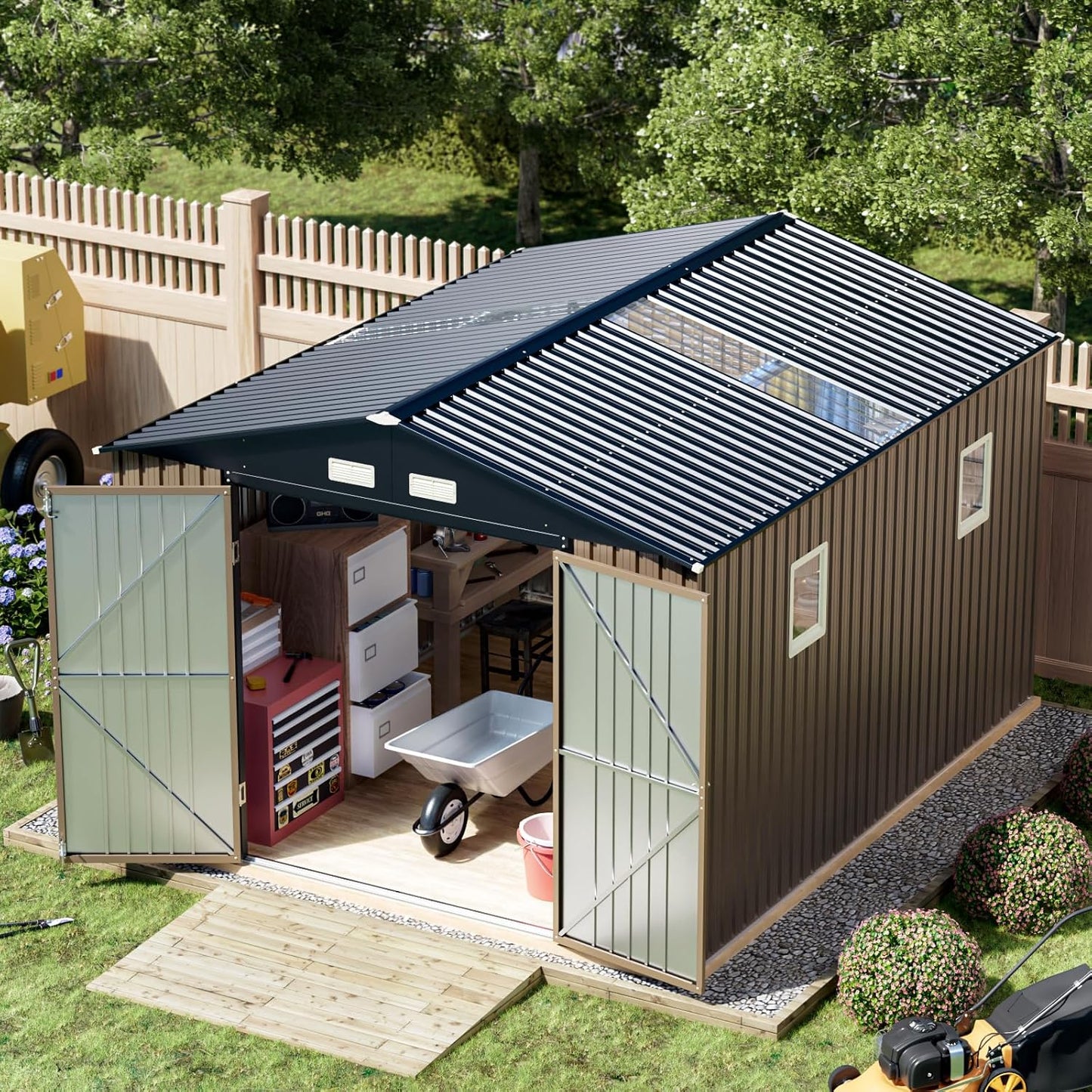 Breezz Outdoor Storage Shed 10 x 12 ft. Utility Tool Shed Metal Storage Garden Shed with Lockable Doors & Windows for Patio Storage,Brown