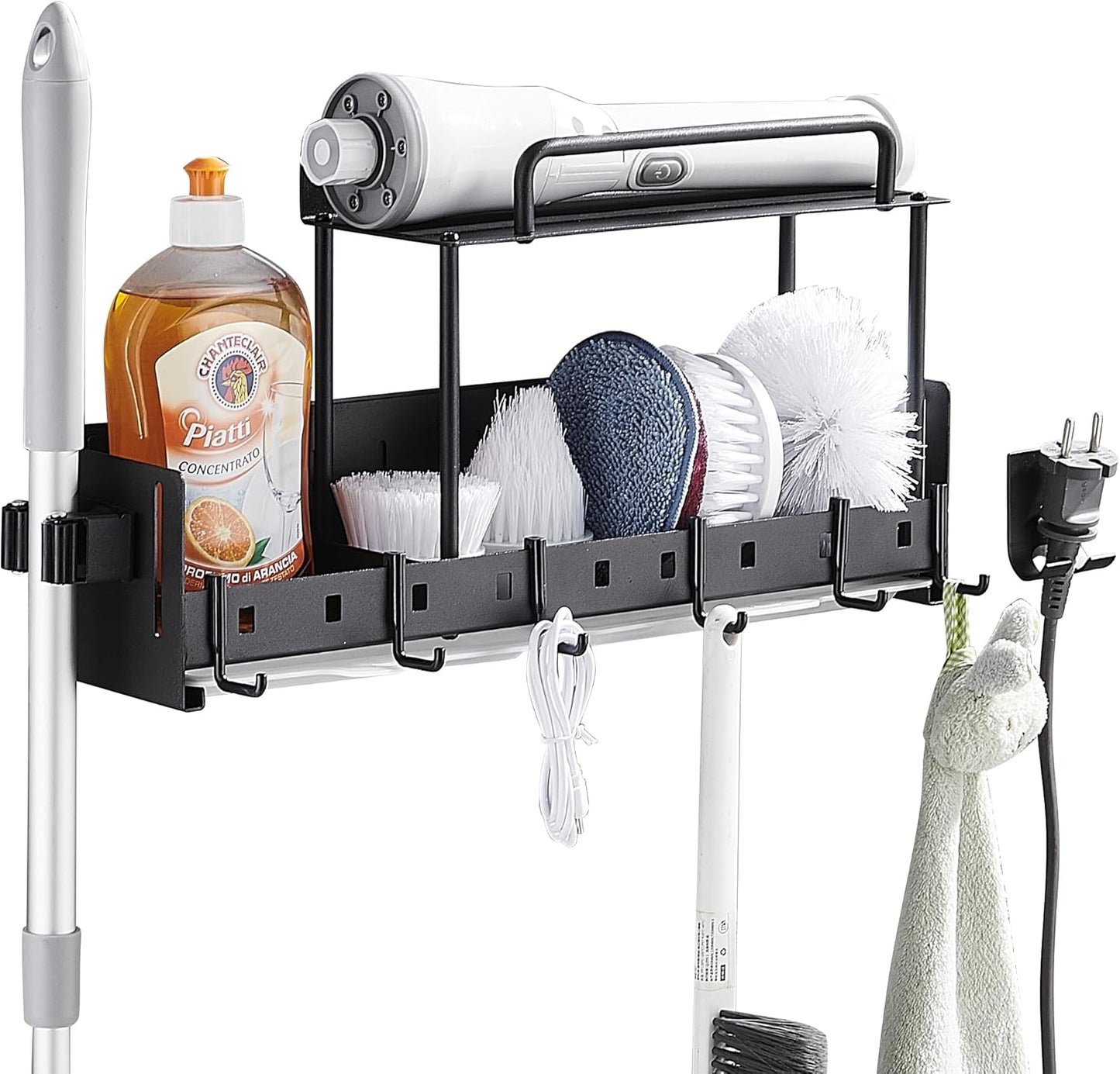 Wall-Mounted Cleaning Tool Organizer, 16.14x4.33x3.74 inches, Black Storage Rack with Drip Tray, Mop Holder with 5 Hooks