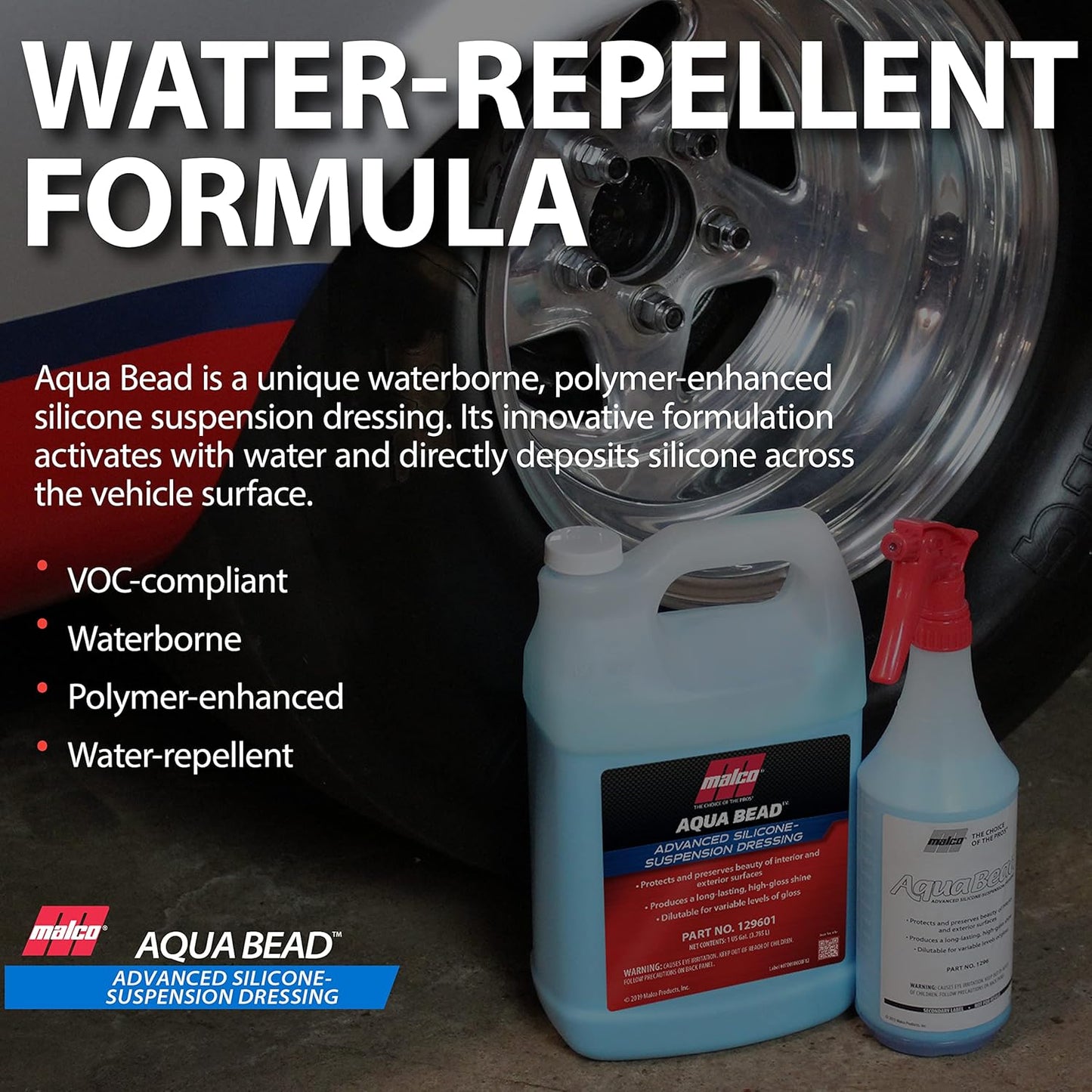 Malco Aqua Bead Water Based Dressing - Non-Greasy Interior and Exterior Dressing/Shines Car Tires, Rubber, Plastic and Trim/Concentrated Formula, Dilutable for Variable Gloss / 1 Gallon (129601)