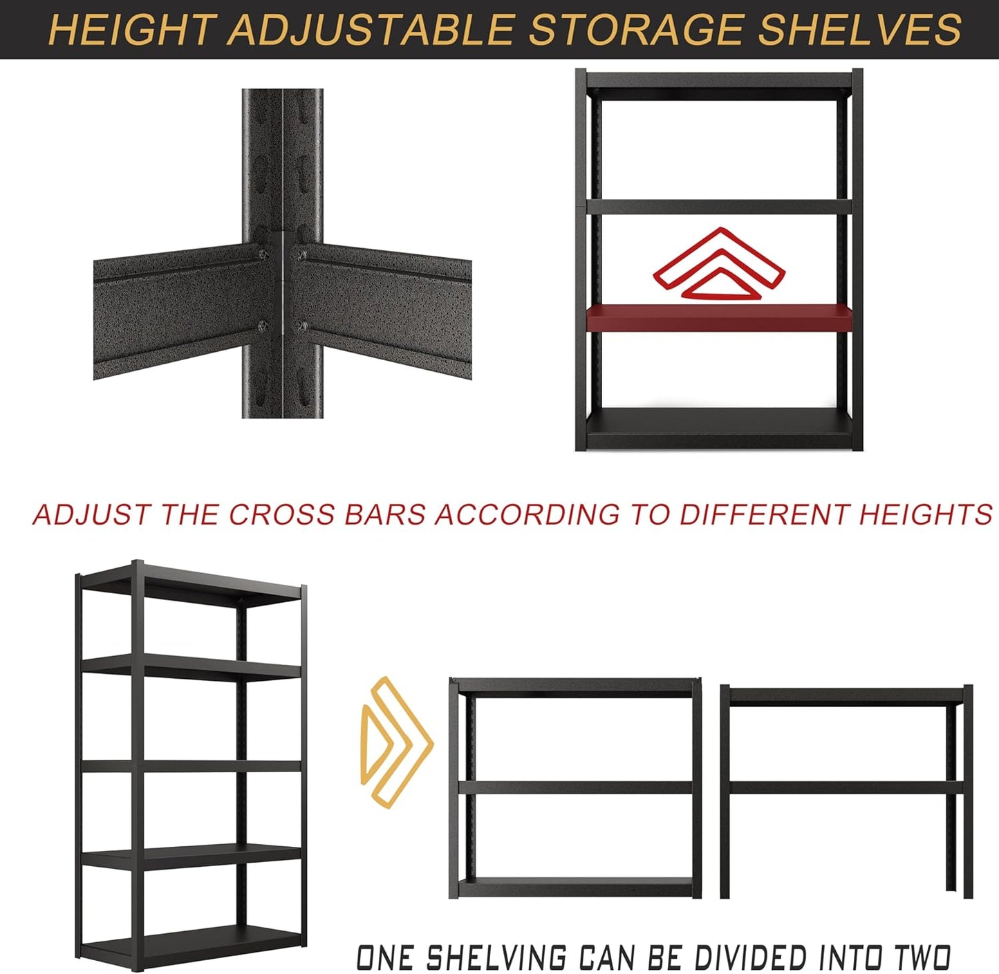 5 Tier Garage Shelves - 72"H x 39.4"W x 18"D, 3000 lbs Heavy Duty, Matte Black, Adjustable Metal Shelving for Industrial Garage Storage