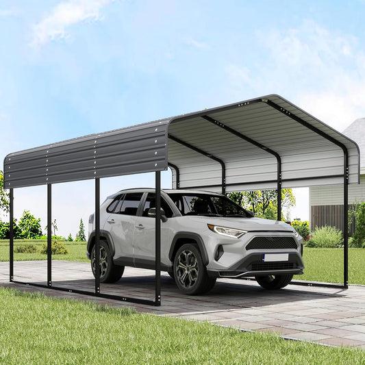 Real Relax 10x15FT Heavy Duty Metal Carport, Outdoor Carport Canopy with Galvanized Steel Roof and Reinforced Base for All-Weather, Garage Shelter Shade for Trucks, Boats, Party, Gray