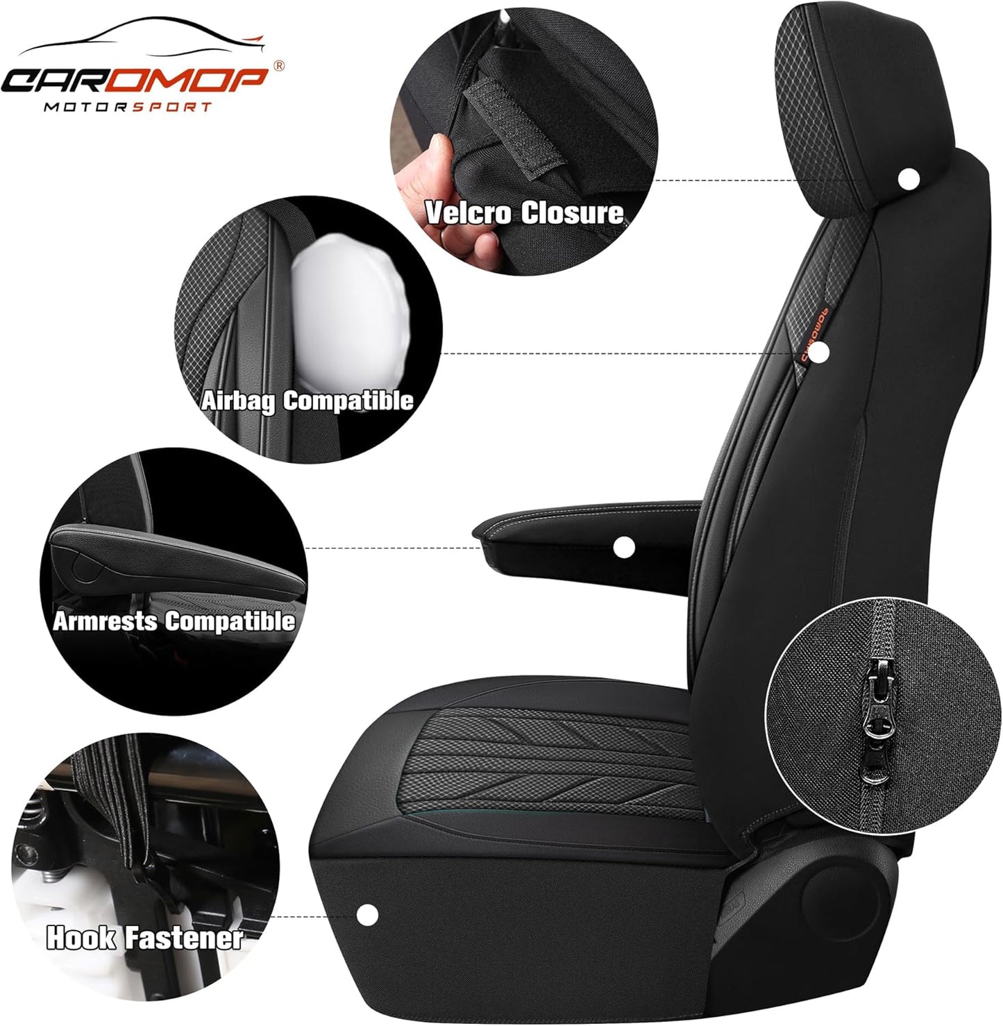 CAROMOP Luxury Faux Leather&Fabric Car Seat Covers Full Set with Breathable 3D Foam Back Support,Universal Comfortable Seat Covers for Cars,Trucks,SUVs, Front Armrests Compatible(5-Seat Black)