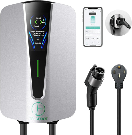 Level 2 EV Charger 48Amp, Indoor/Outdoor Electric Car Charger EVSE SAE J1772, NEMA 14-50 Plug, 25ft Cable, Start Charge Timer, WiFi Enabled