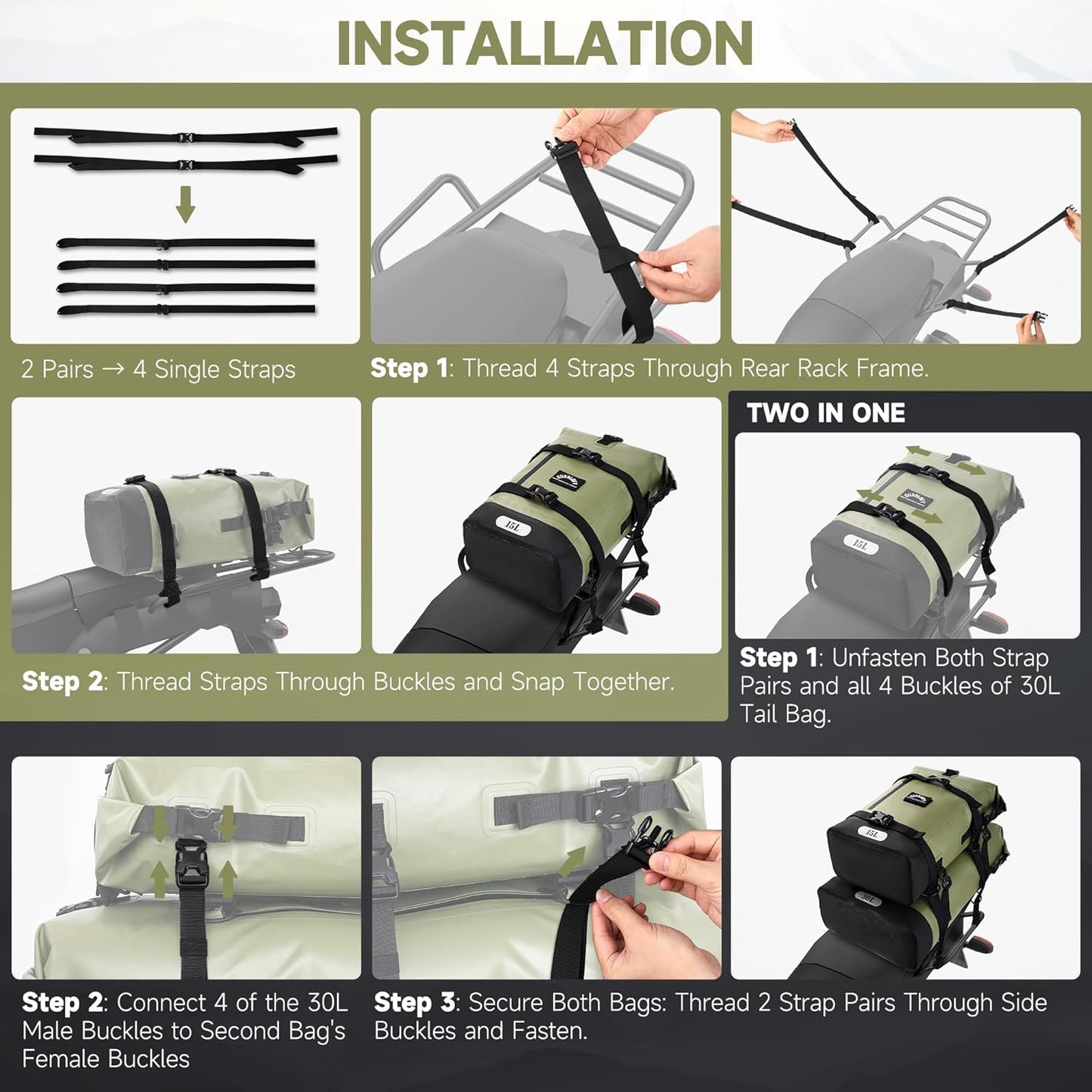 Motorcycle Saddle Bag, 15L Waterproof Motorcycle Tail Bag, 2 Size and 3 Color Options Travel Bag, PVC Bag, Rear Seat Bag, Backpack Field Green GT-15GN