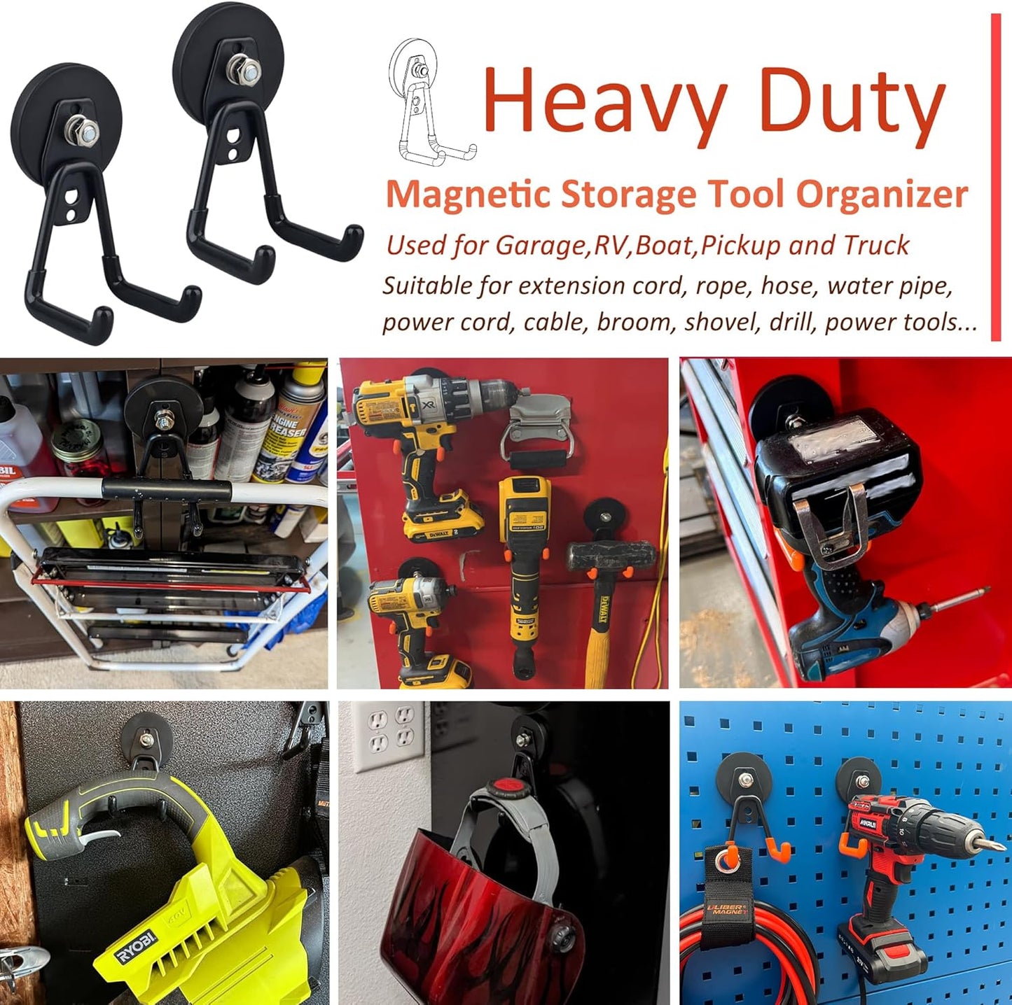 ULIBERMAGNET Heavy Duty Magnetic Garage Hooks,4 Pack Strong Large Magnet Hook for Power Drill,Garden Tools,Hose,Pegboard,Garage, Workshop,Magnetic Storage Hooks for Indoor Outdoor Hanging(Black)