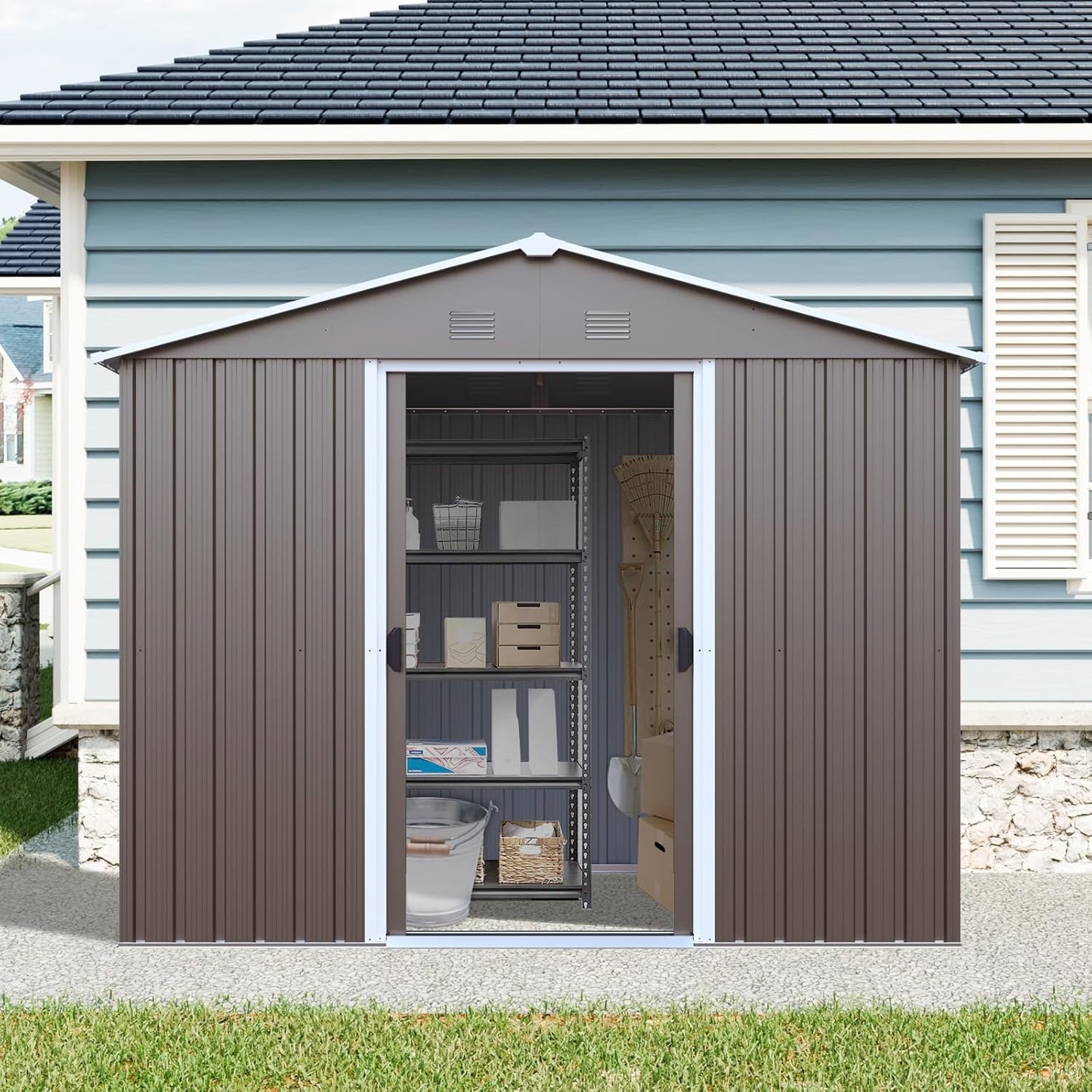 4x8 FT Outdoor Storage Shed, Metal Garden Shed with Frame Floor, Outside Tool Shed with Window, Waterproof Storage Building with Lockable Sliding Doors & Sloped Roof for Backyard, Patio, Warm Gray