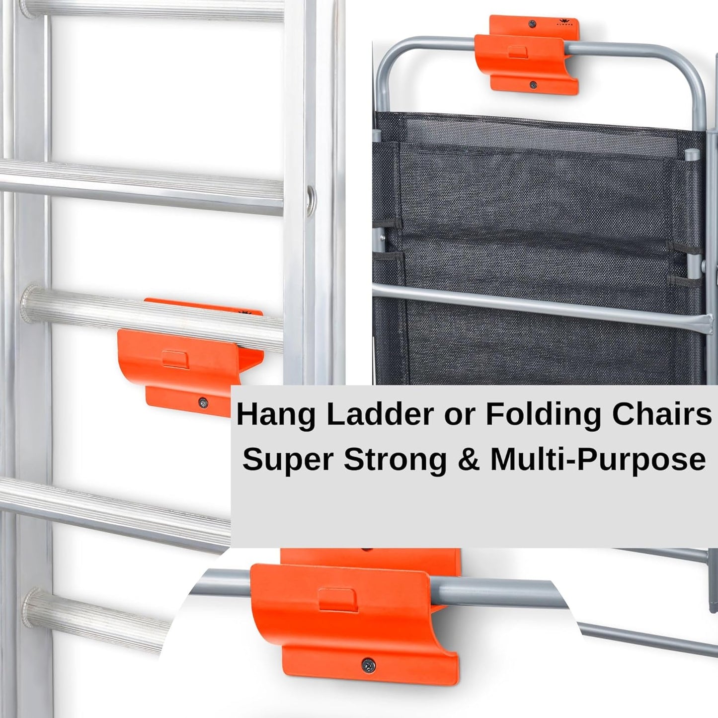 Ladder Hangers for Garage Wall Set of 2 Hooks- Orange Step Stool Hanger Wall Mount. Tool Holder for Shed, Workshop, Garden - Hang Wheelbarrow, Folding Chair