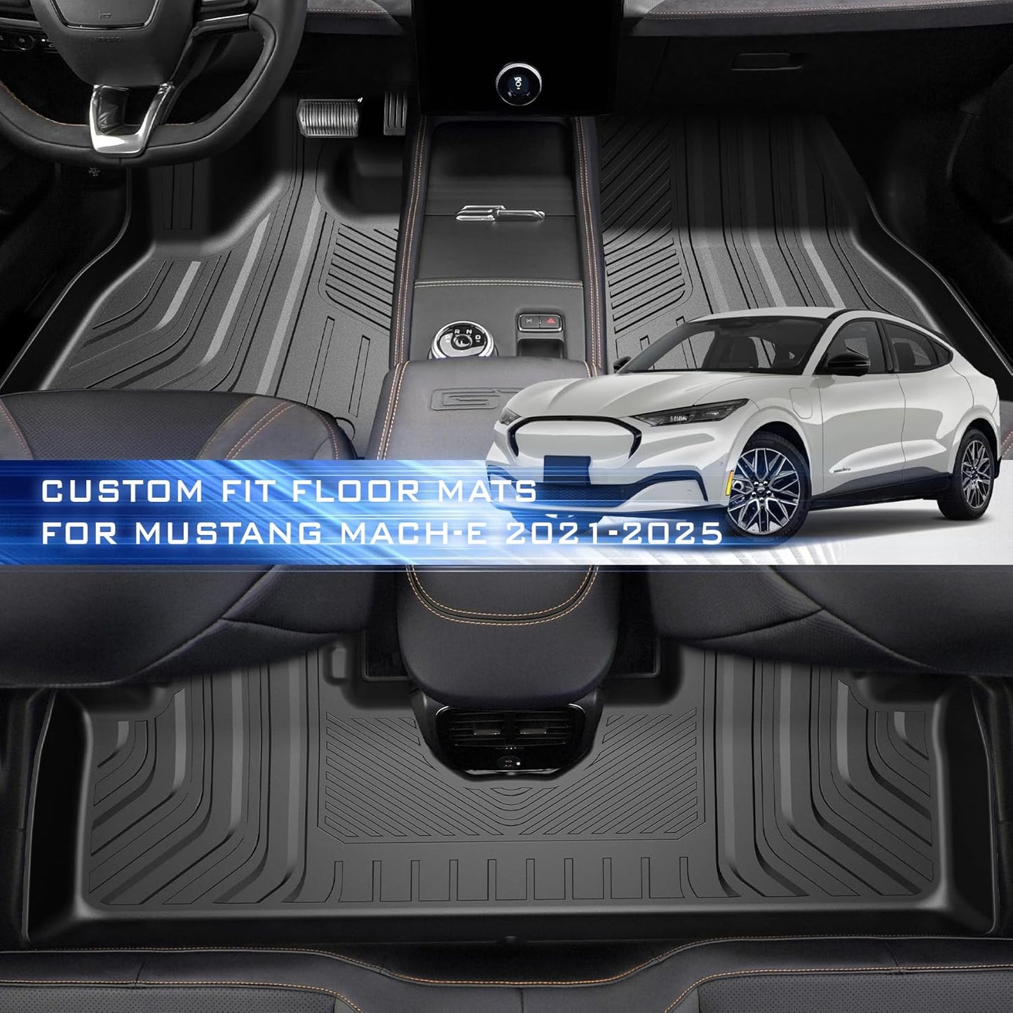 Car Floor Mats for Ford Mustang Mach-E 2021-2024 2025 Accessories,TPE All Weather Protection Floor Mats,Custom Fit 1st&2nd Row Car Floor Liners Set,Heavy Duty Accessories,Black