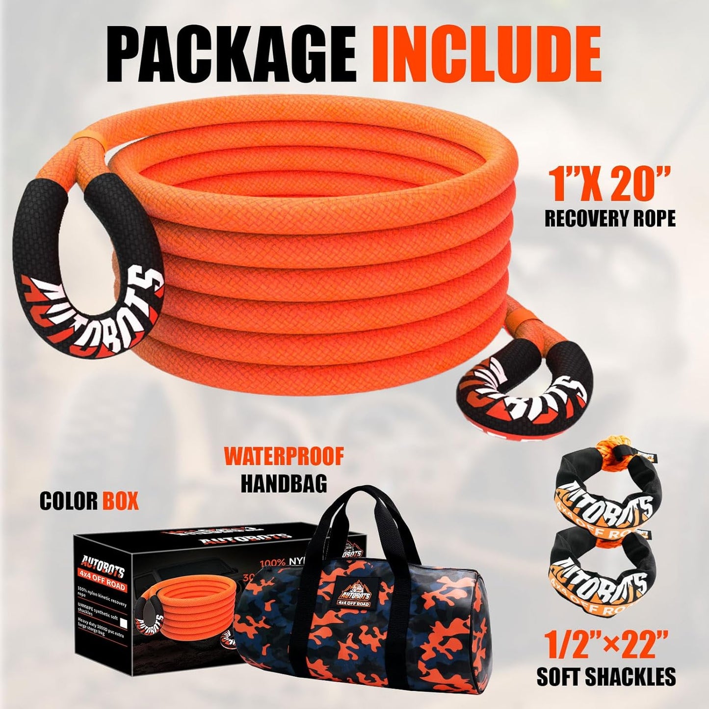 AUTOBOTS Kinetic Recovery Rope 1" x 20'(48,600lbs)+2 Soft Shackles，Heavy Duty Tow Rope Tow Strap for Truck ATV UTV SUV Car，Offroad Recovery Kit