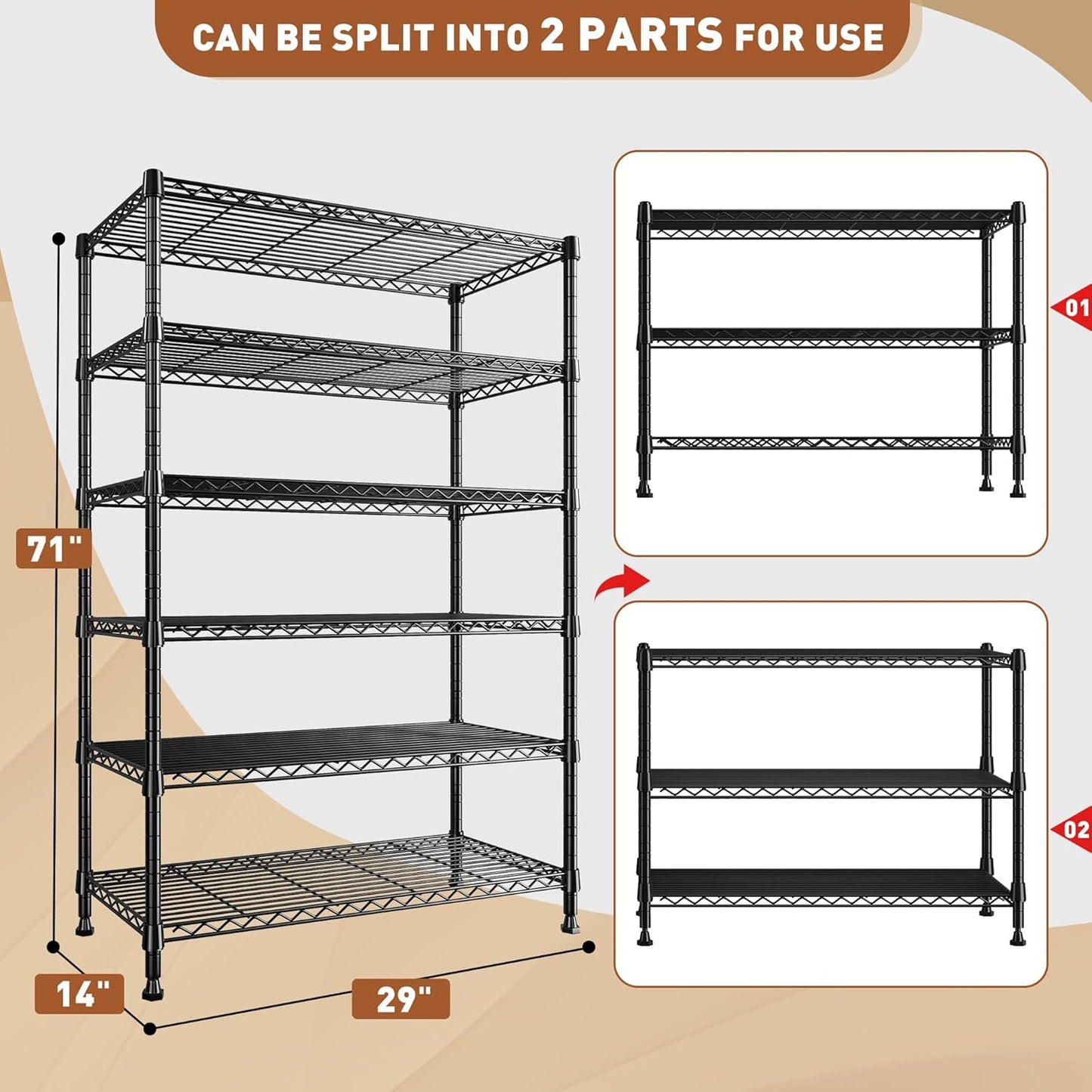 REIBII 71" H Storage Shelves 6 Tier Wire Shelving Unit 1200LBS Metal Shelves Adjustable Shelving Units and Wire Shelf Storage Rack Shelf Metal Shelving, Dorm Storage Shelves, 71" H x 29" W x 14" D