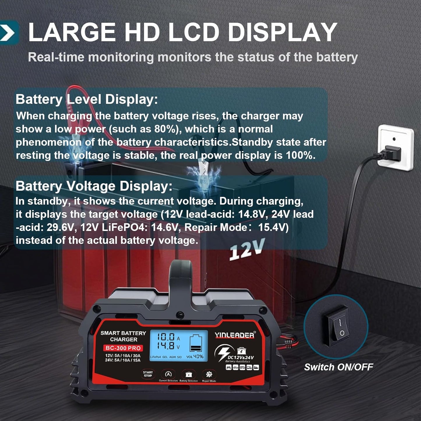 Battery Charger 30A, 12V/24V Lead Acid Smart Battery Charger, 12V LiFePO4 Car Battery Trickle Charger, Automatic Battery Maintainer for Car Motorcycle Lawn Mower Marine Boat Lead Acid Batteries