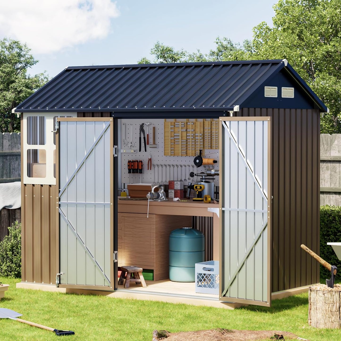 Breezz 6X8FT Outdoor Steel Storage Shed with Frame Floor,Clear Window, Lockable Doors, Weather-Resistant Metal Tool Shed for Garden, Backyard, Patio, and Utility Storage Brown