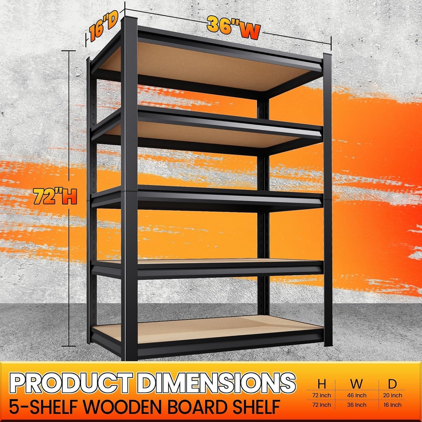 72" H*36'' Storage Shelves 2500lbs Garage Shelving, Adjustable Heavy Duty Garage Shelves, Easy to Install Metal Shelving Wood Shelving Unit, Storage Shelf for Basement Warehouse, 2 Pack