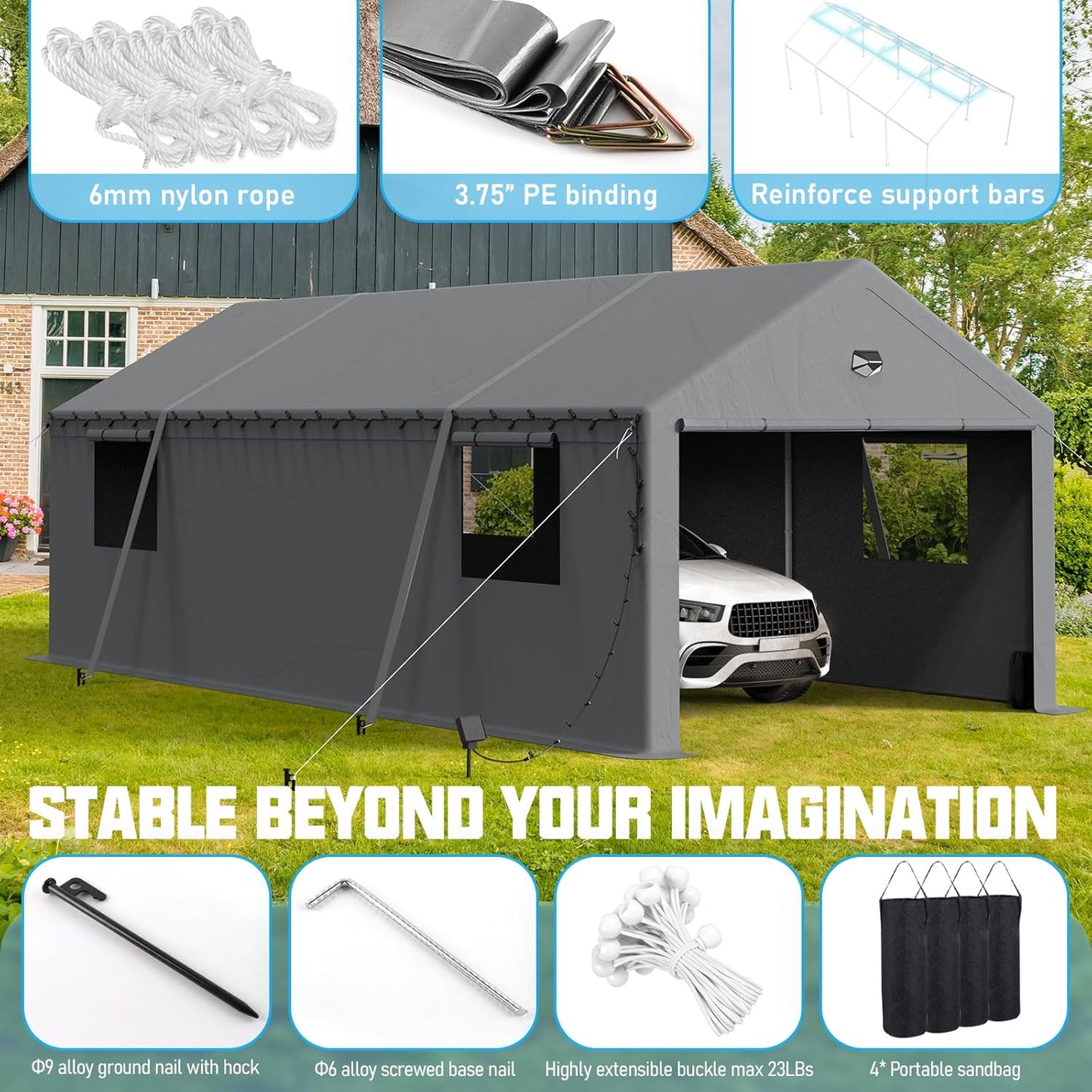13x25 Carport Canopy, Heavy Duty Car Port, Portable Car Ports Garage with 2 Roll-Up Zipper Drive Through Doors, Grey