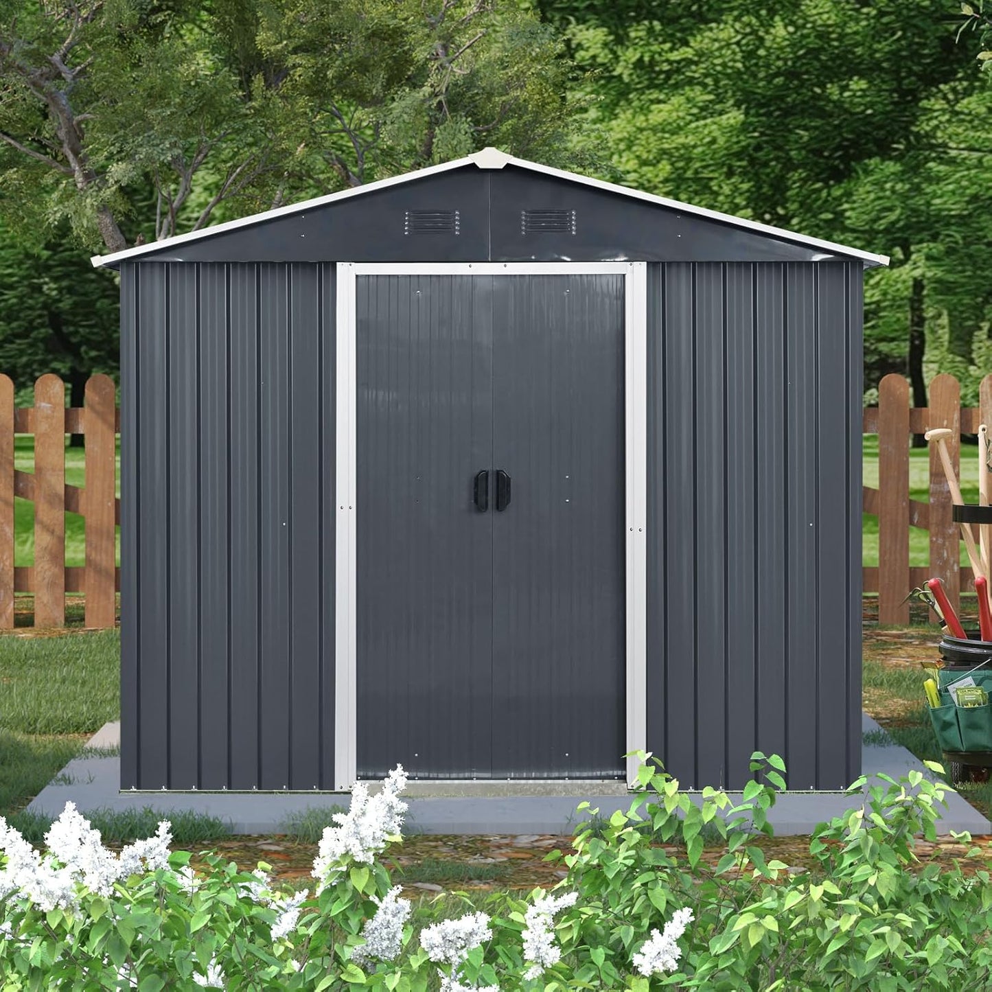 8x4 FT Outdoor Storage Shed,Metal Shed with Window & Floor,Garden Shed W/Air Vent & Lockable Sliding Door,All Weather Waterproof Tool House W/Sloped Roof,for Backyard,Patio,Lawn,Black+White